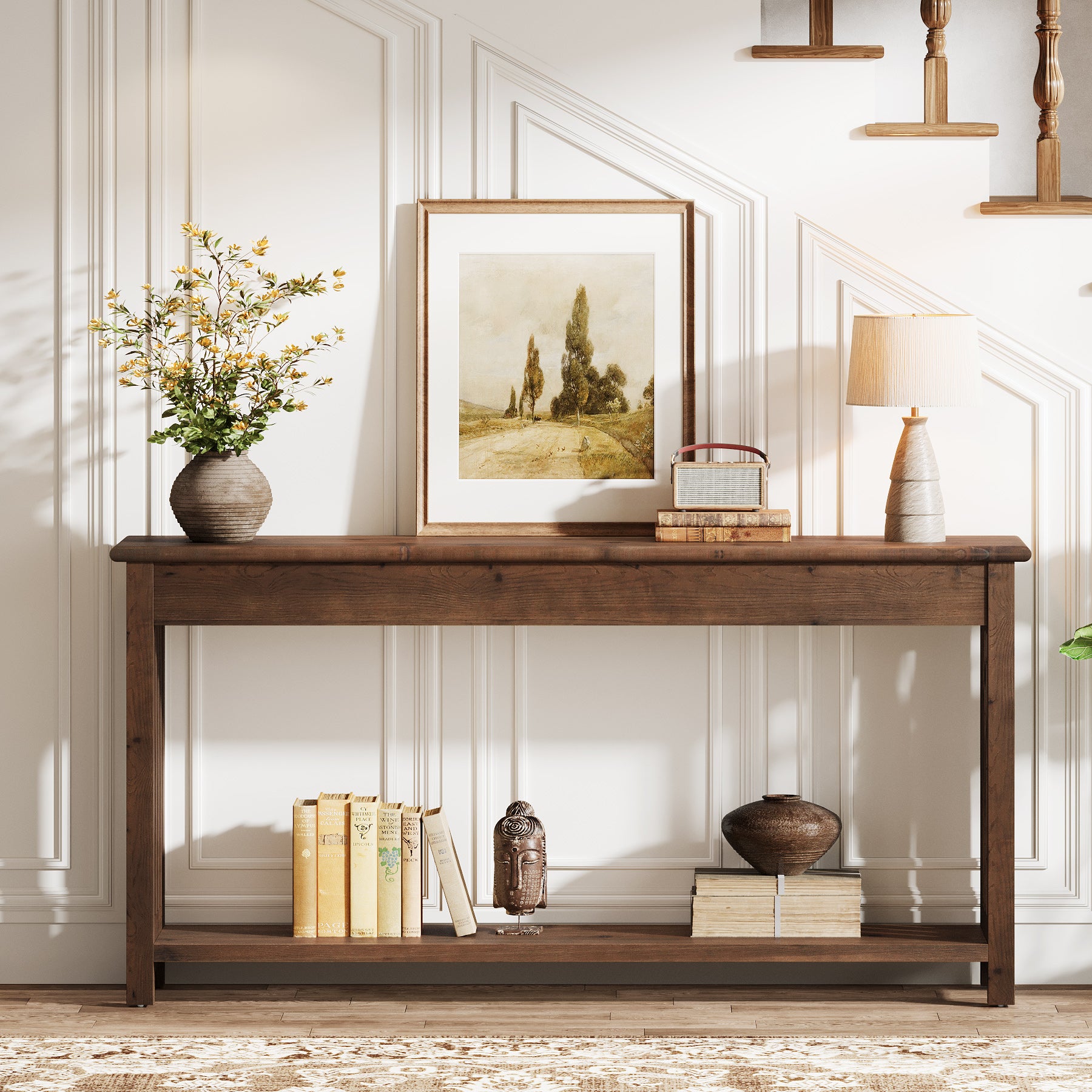 63-Inch Solid Wood Console Table, Farmhouse 2-Tier Entryway Sofa Table for Hallway