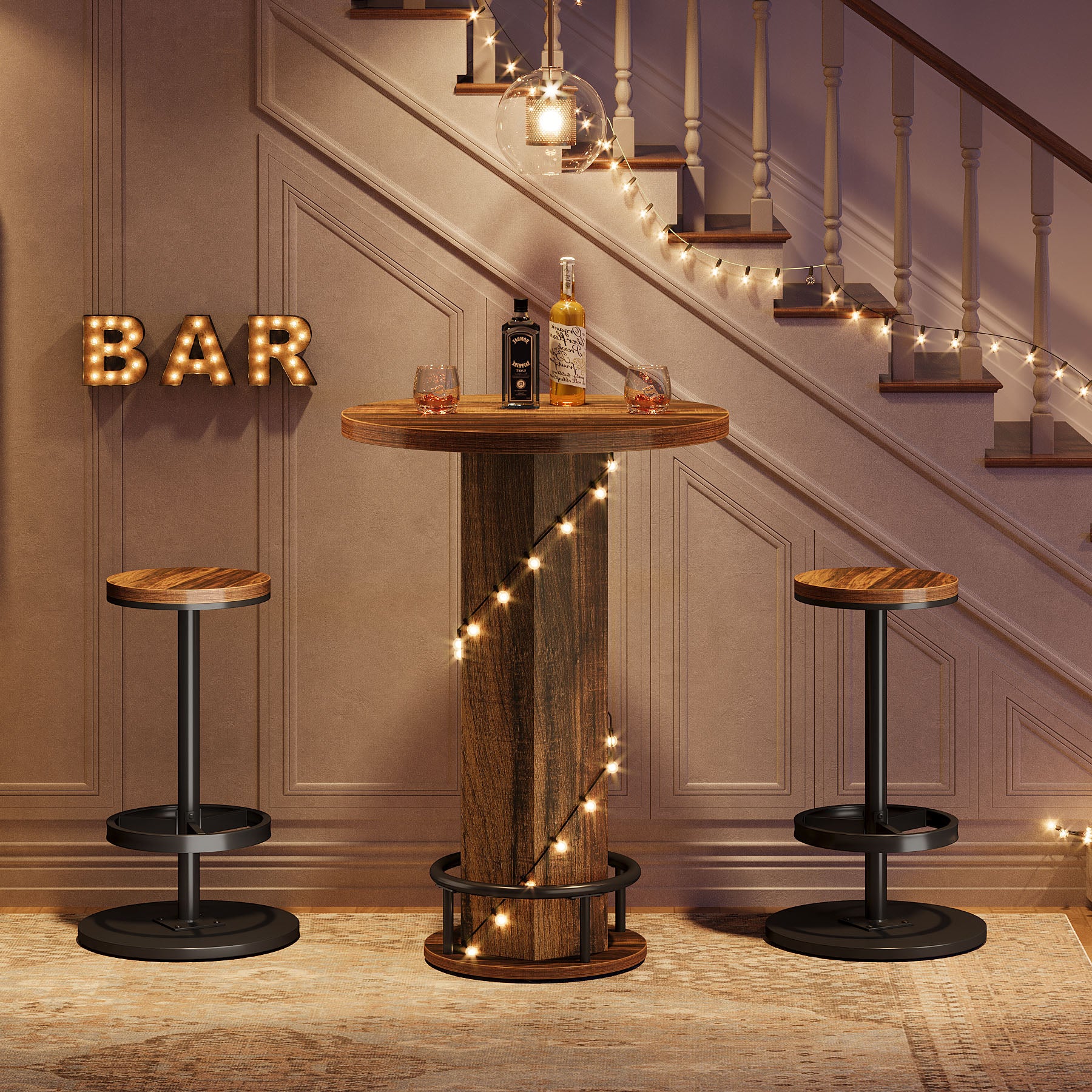 Tribesigns 23.62-Inch Round Bar Table Set, Industrial Bistro Table with 2 Bar Stools and Metal Footrest for Kitchen Apartment