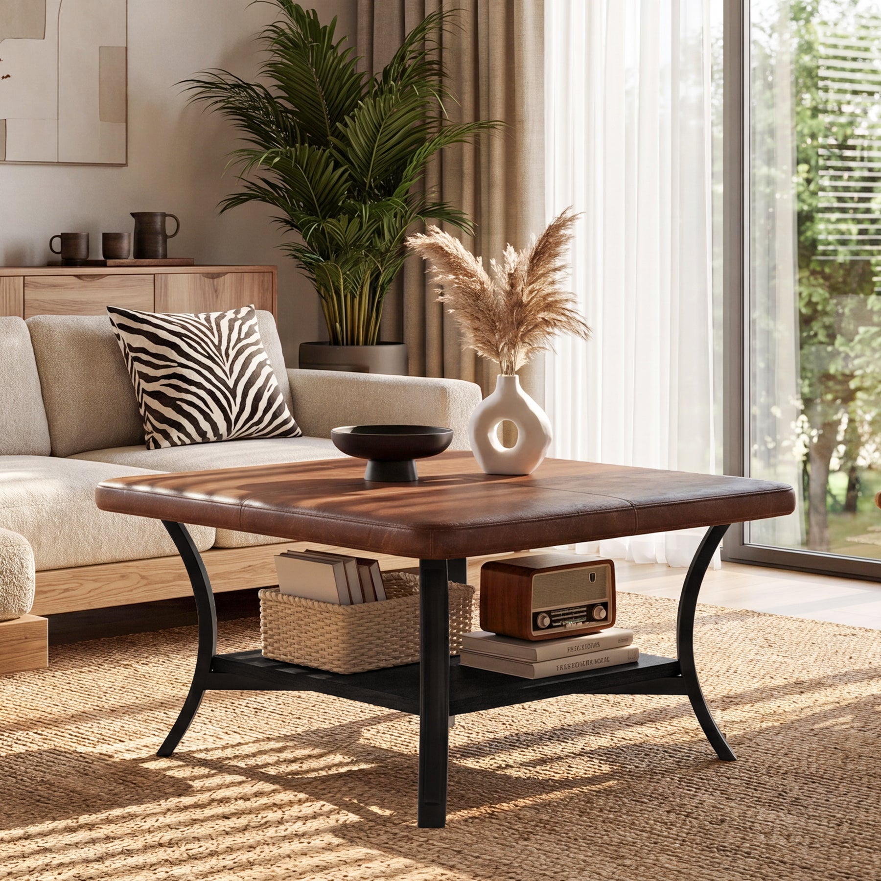 31.5-Inch Square Coffee Table, Upholstered Ottoman with PU Leather Top for Living Room