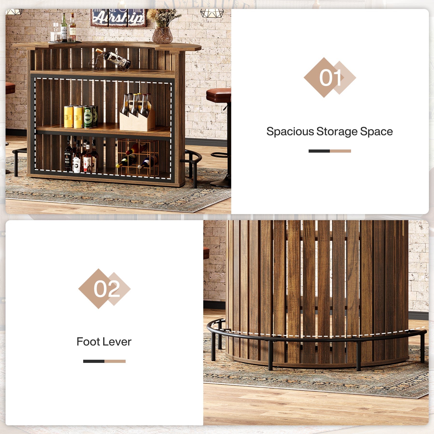 Tribesigns Bar Table with 4-Tier Storage and Footrest, Arc-Shaped Mini Home Bar Unit