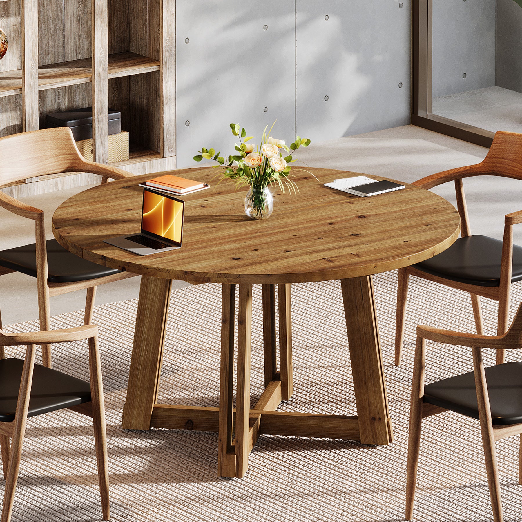 Tribesigns 47-Inch Solid Wood Conference Table for 4-6 People, Round Meeting Table with Crossed Frame for Office and Home Office