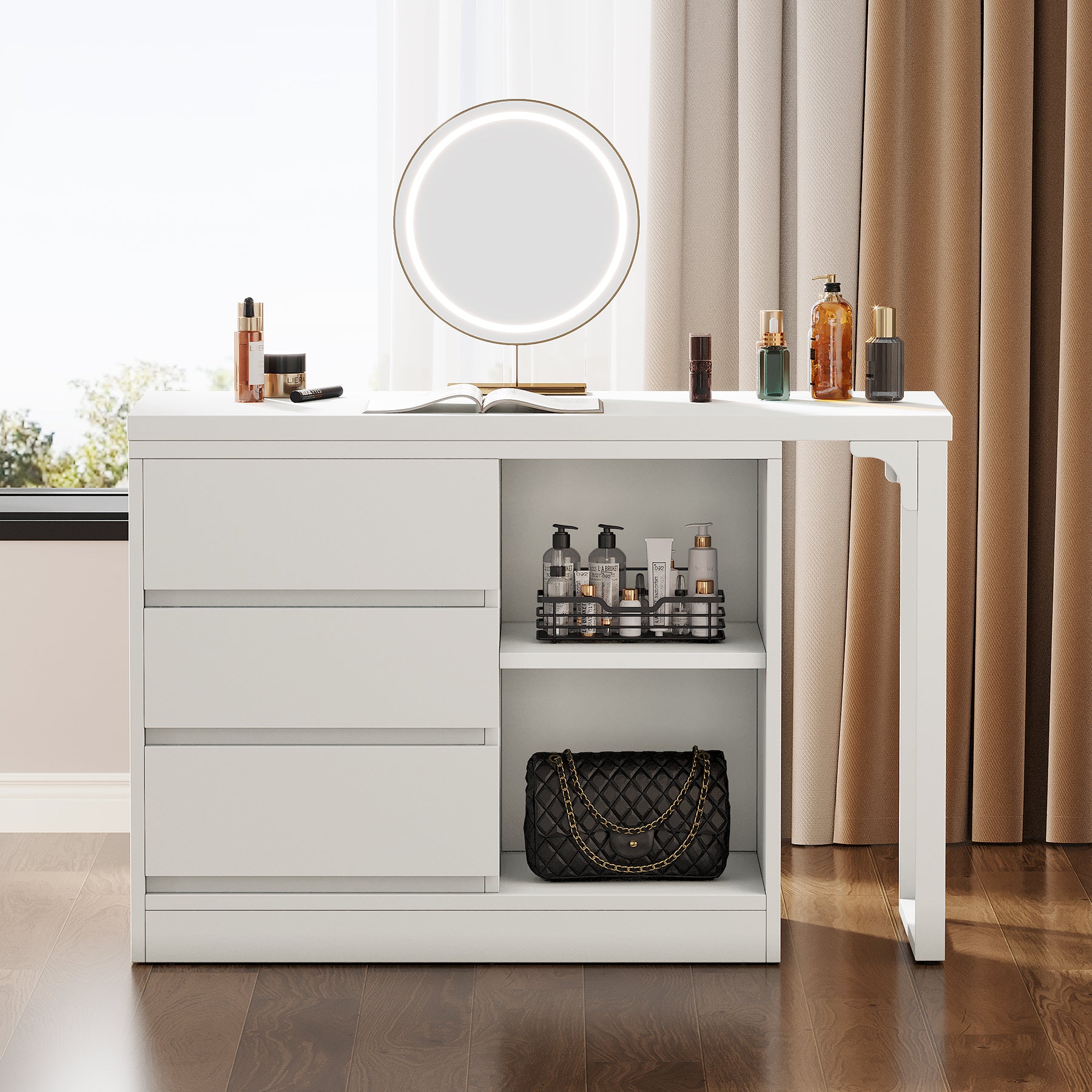 Tribesigns Vanity Desk with 3 Drawers and 2 Shelves, Matte White Makeup Table with Reversible Storage Cabinet for Bedroom