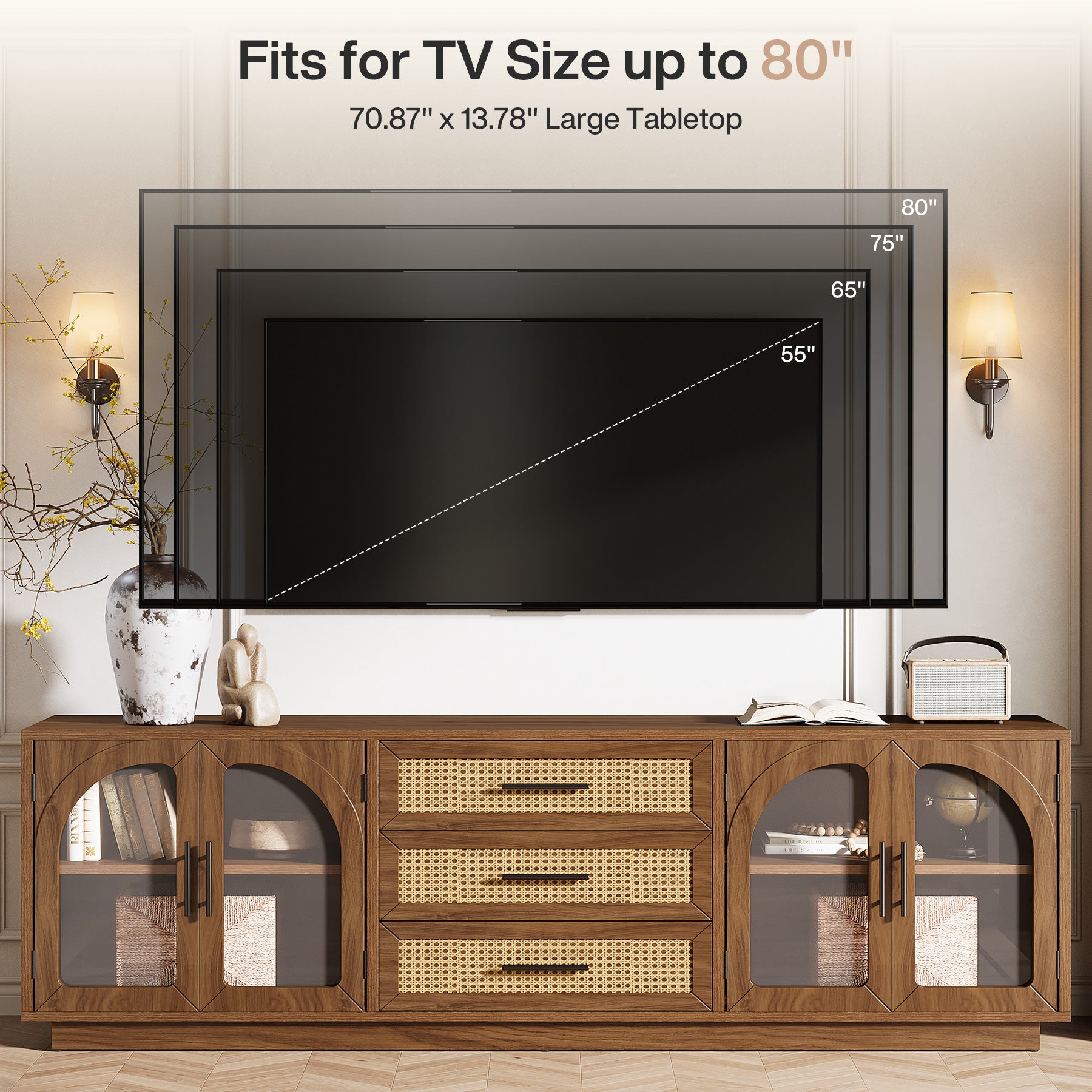 Tribesigns 71-Inch TV Stand with Rattan Drawers, Mid-Century Media Console for Living Room
