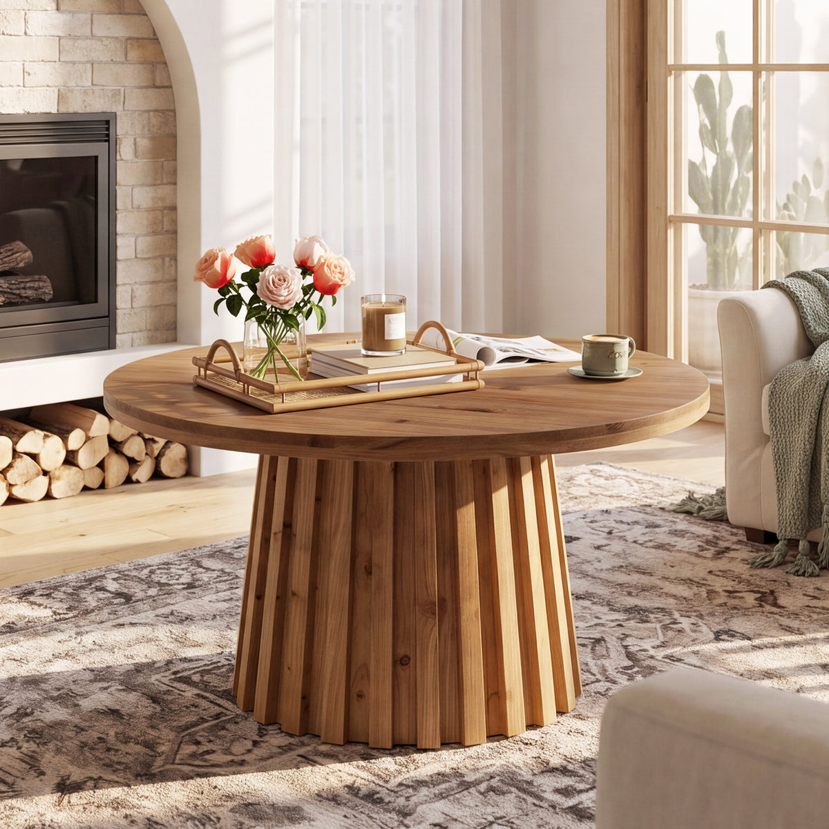 31.5 Inch Solid Wood Round Coffee Table with Fluted Drum Base, Farmhouse Accent Table for Living Room