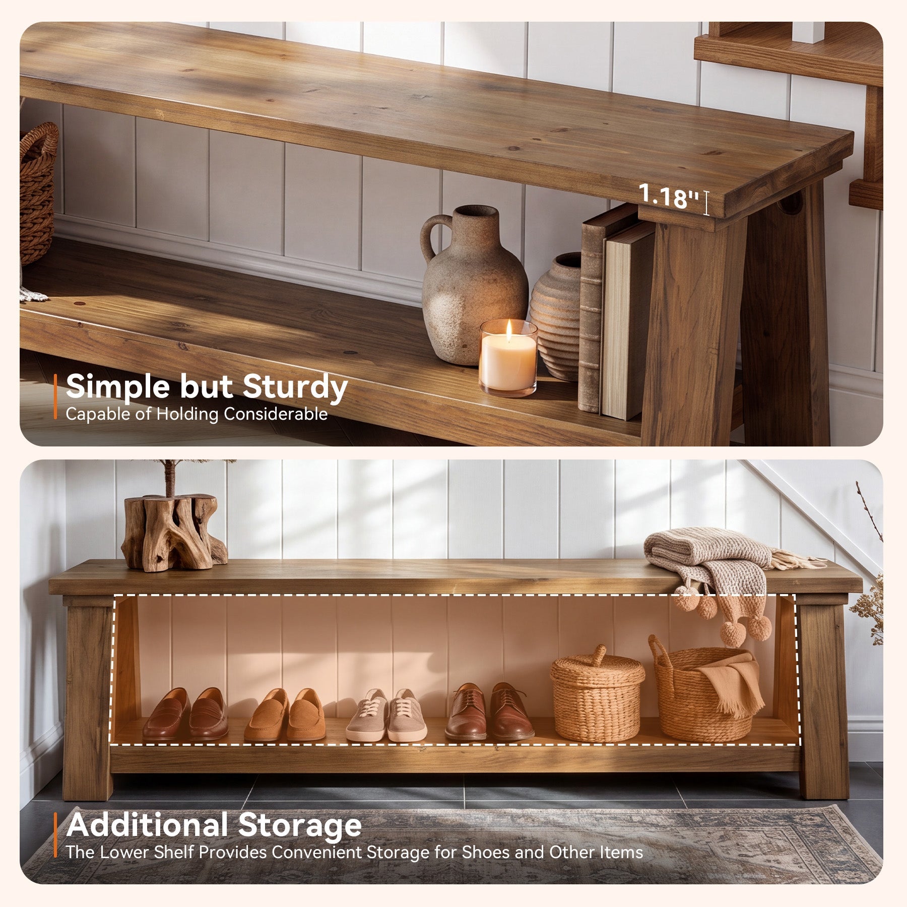 70.9-Inch Solid Wood Shoe Bench with Storage Shelf, Farmhouse Entryway Seat for Hallway