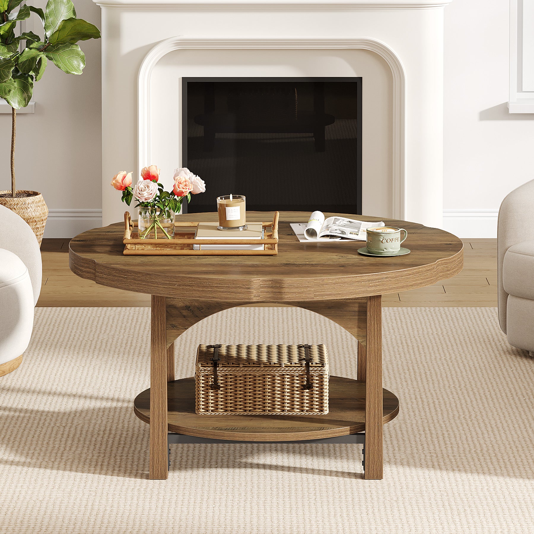 31.5" Round Coffee Table with 2 Tier Storage, Farmhouse Wooden Accent Center Table