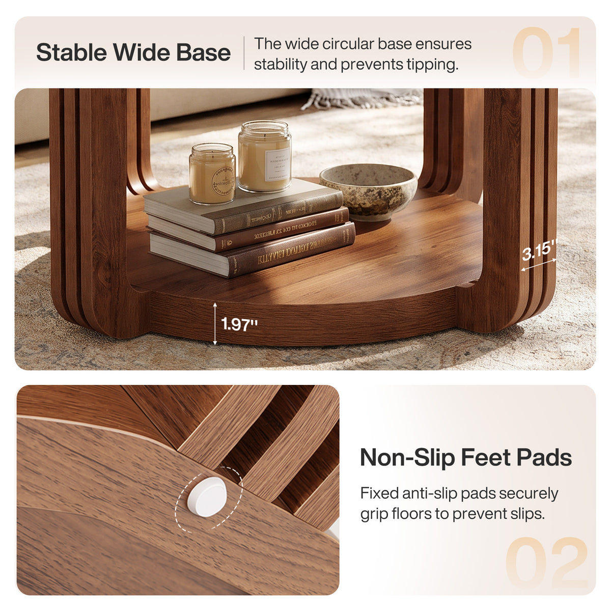 31.5 Inch Round Coffee Table with 2-Tier Storage Shelf, Modern Rustic Center Table for Living Room