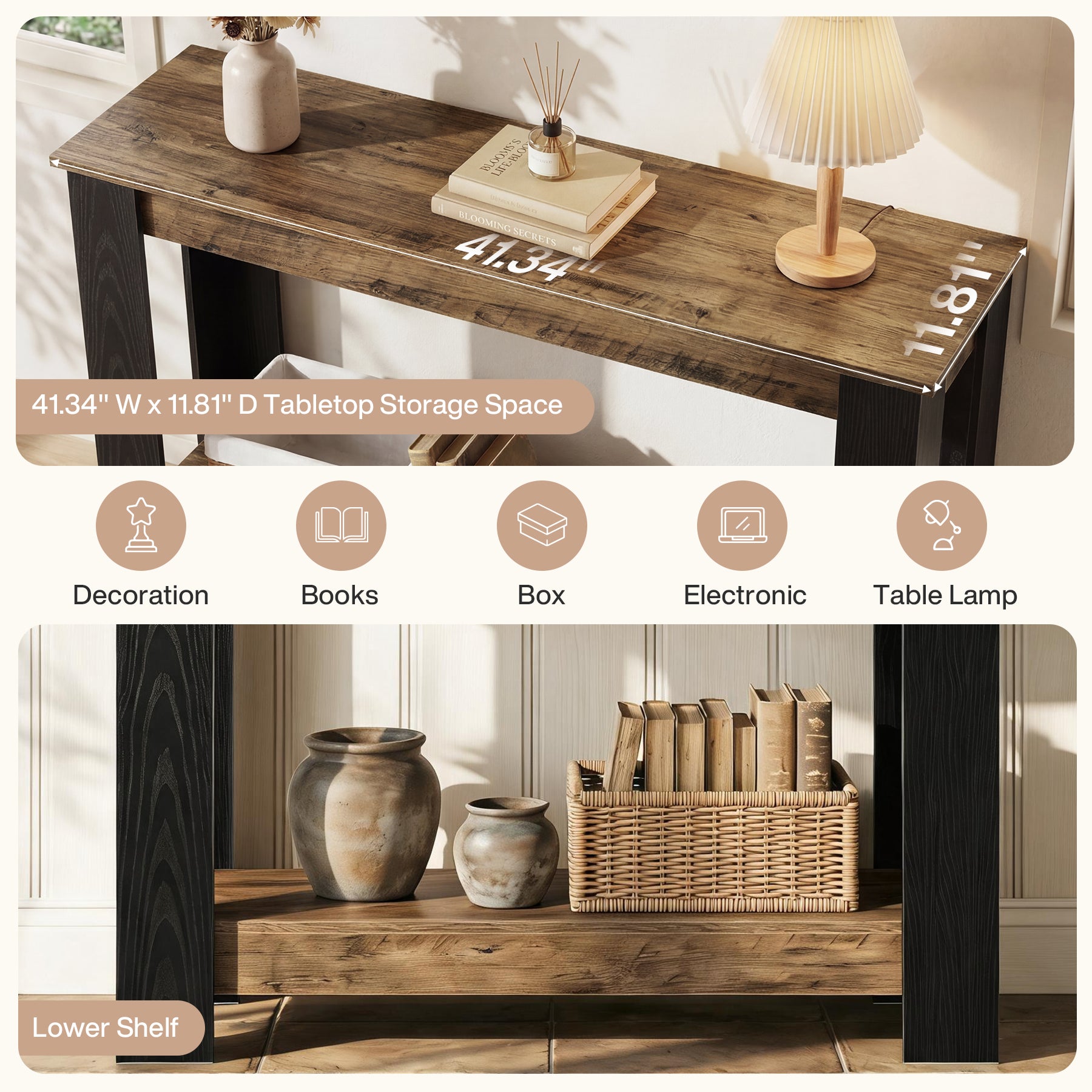 41-Inch Narrow Console Table with 2-Tier Open Storage, Modern Farmhouse Sofa Table for Entryway