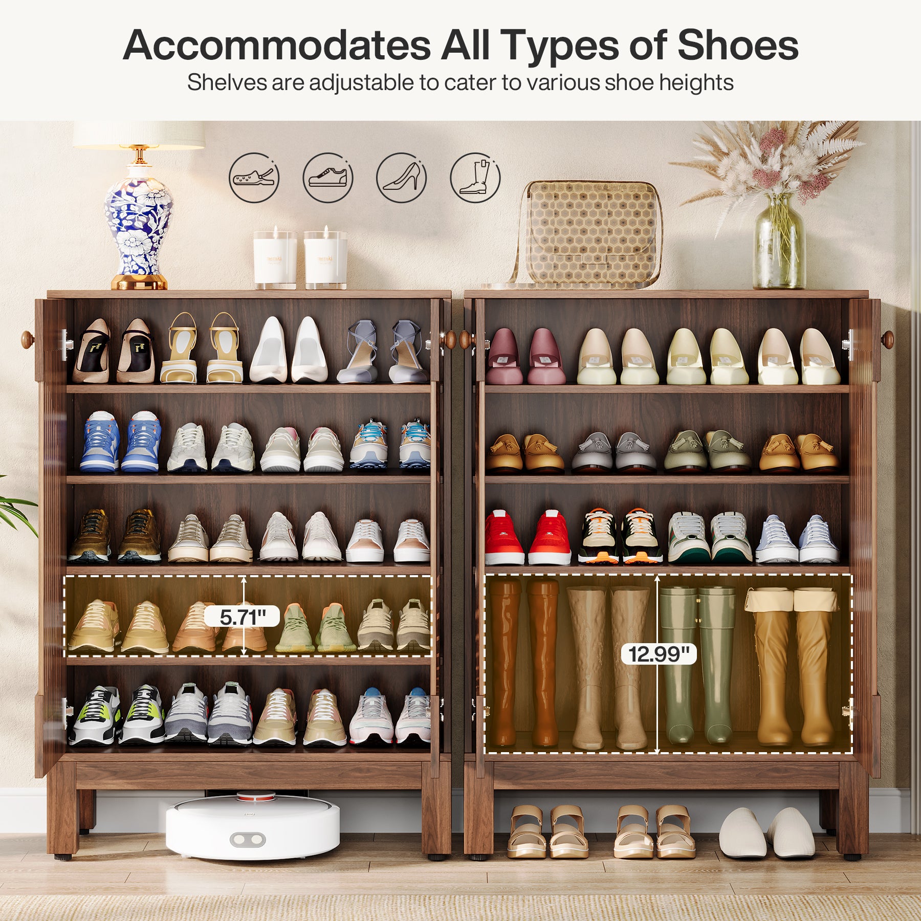Tribesigns 5-Tier Shoe Cabinet, 20-Pair Farmhouse Shoe Storage Organizer with Round Louvered Doors for Entryway