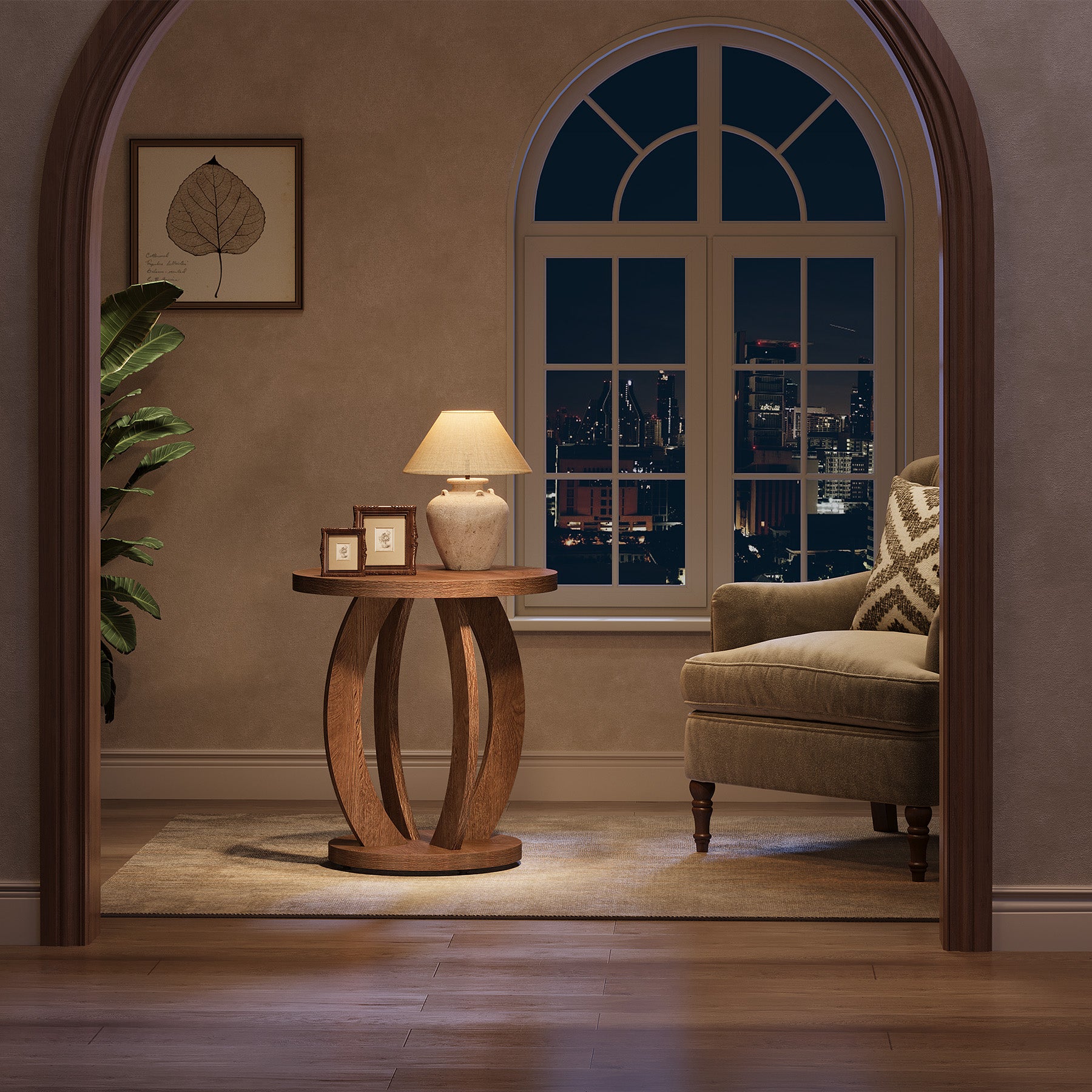 24" Round Farmhouse Nightstand - Bedside Table with Storage, Wood Base, Brown