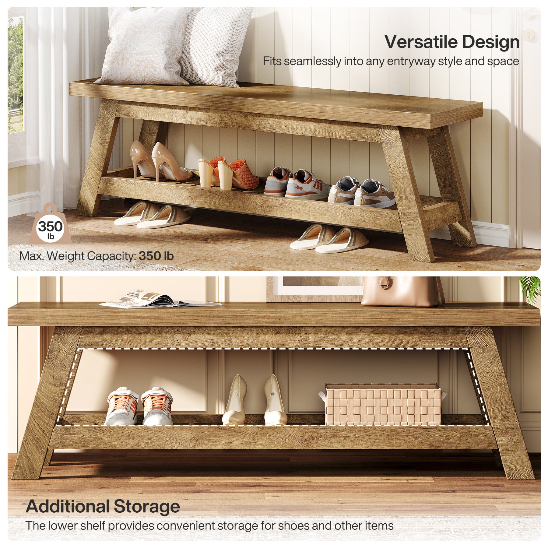55-Inch Wood Entryway Bench with Shoe Storage, Two-Tier Narrow Hallway Seating Bench for Foyer and Bedroom
