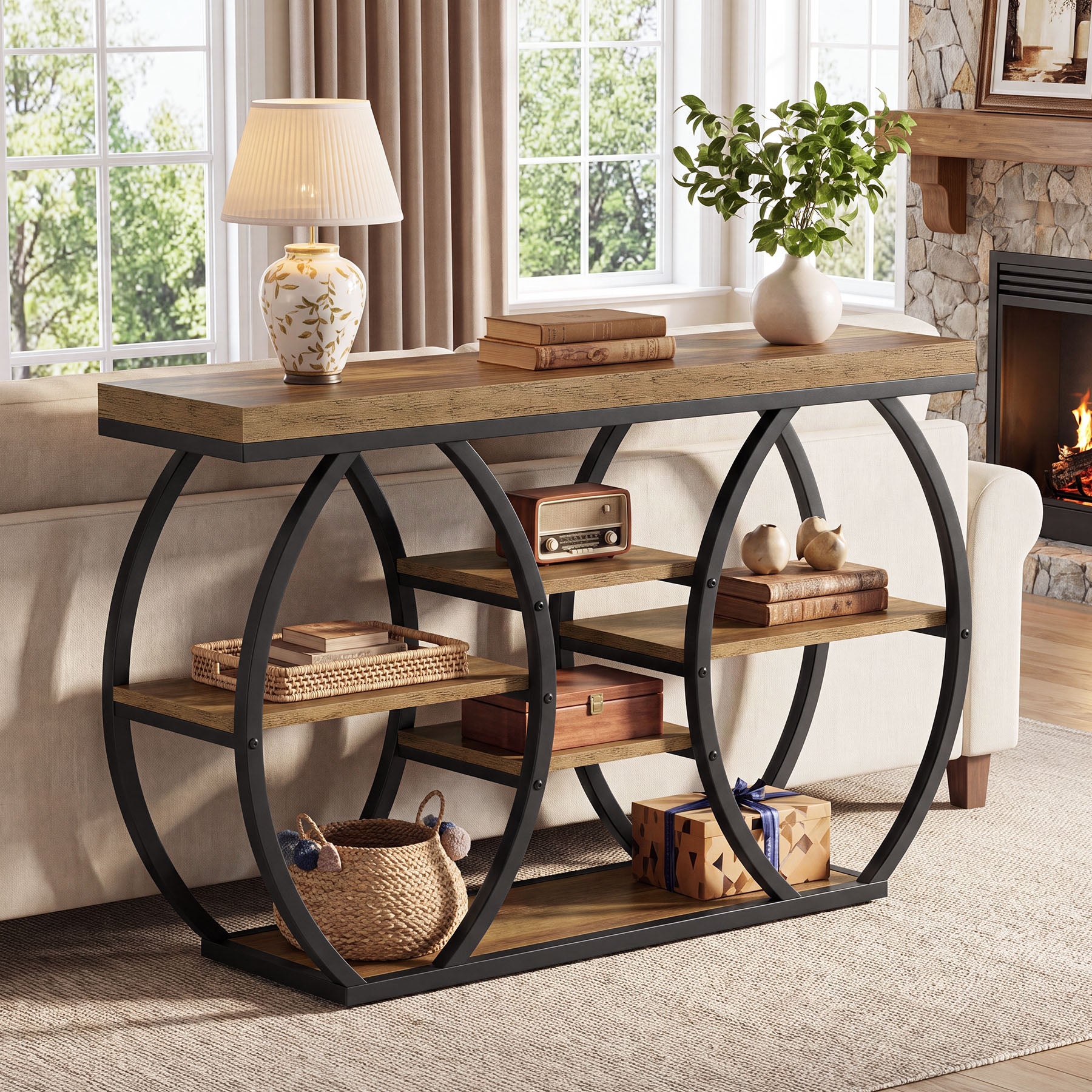 Tribesigns 47-Inch Console Table with 4-Tier Storage, Farmhouse Hallway Table with Curved Frame