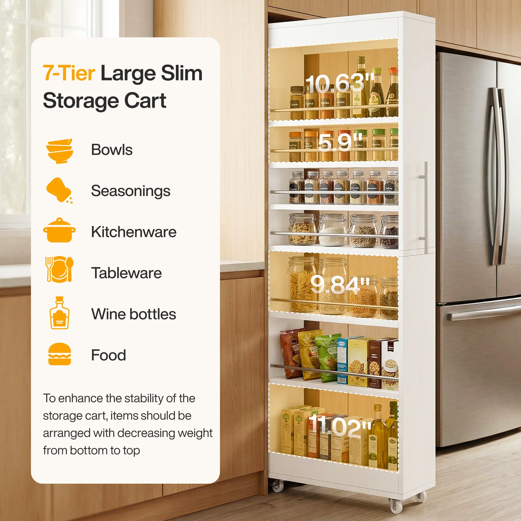 73-Inch 7-Tier Slim Rolling Pantry Cart, Narrow Pull-Out Storage Rack for Kitchen Gaps