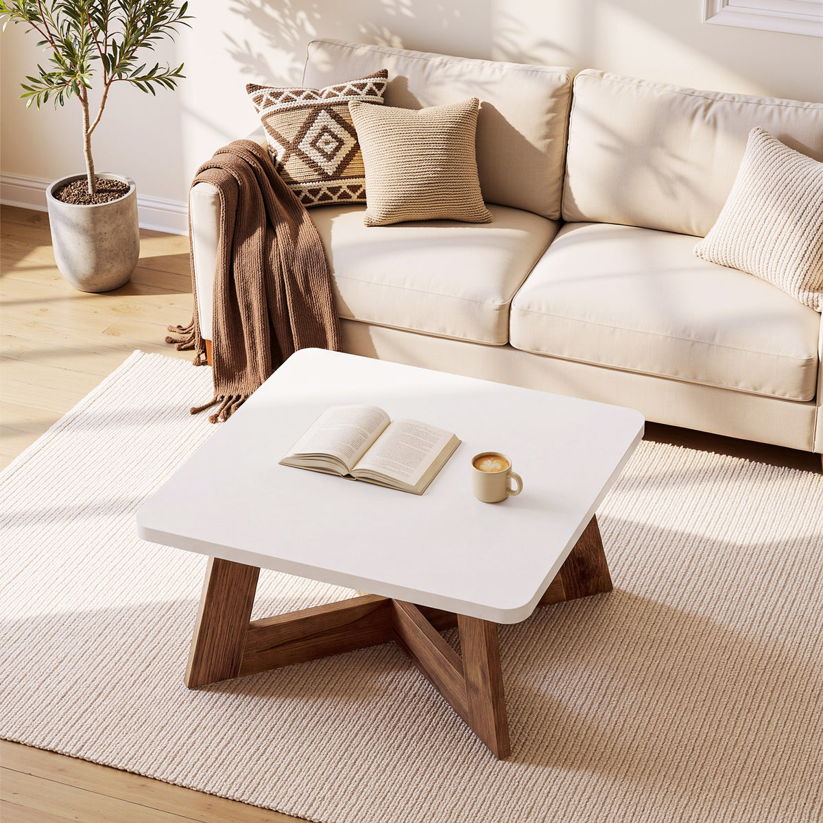 Tribesigns 31.5 Inch Square Coffee Table with Cross Base, Modern White Center Table for Living Room