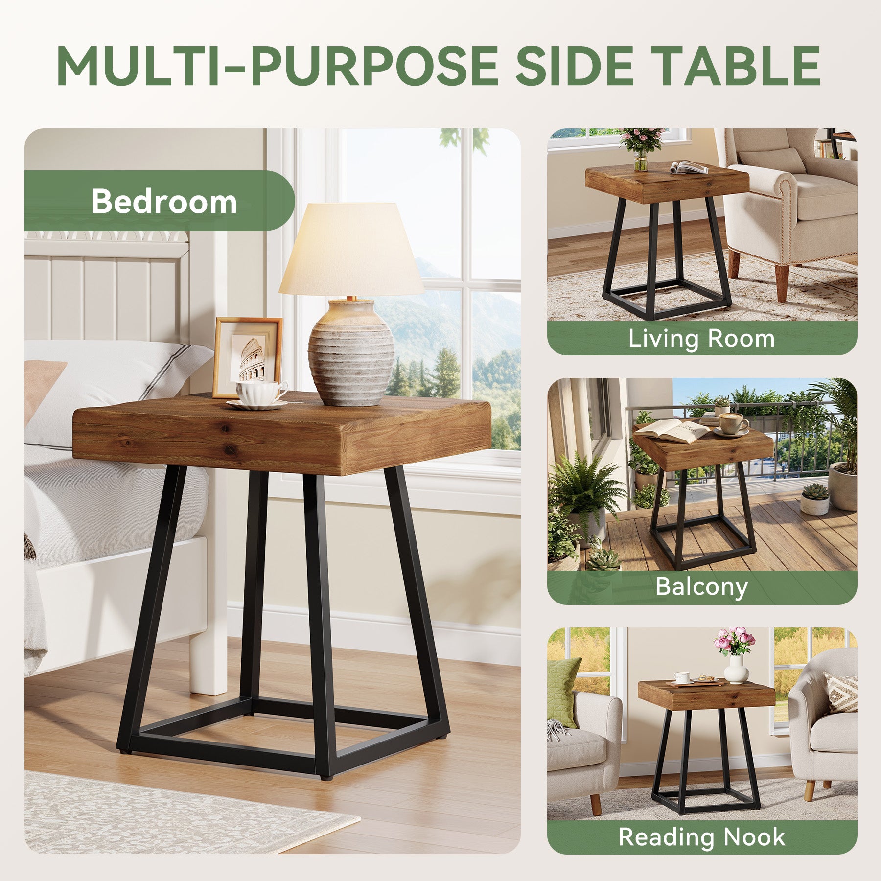 19.7 Inch Solid Wood Nightstand with Metal Frame, Industrial Square Bedside Table