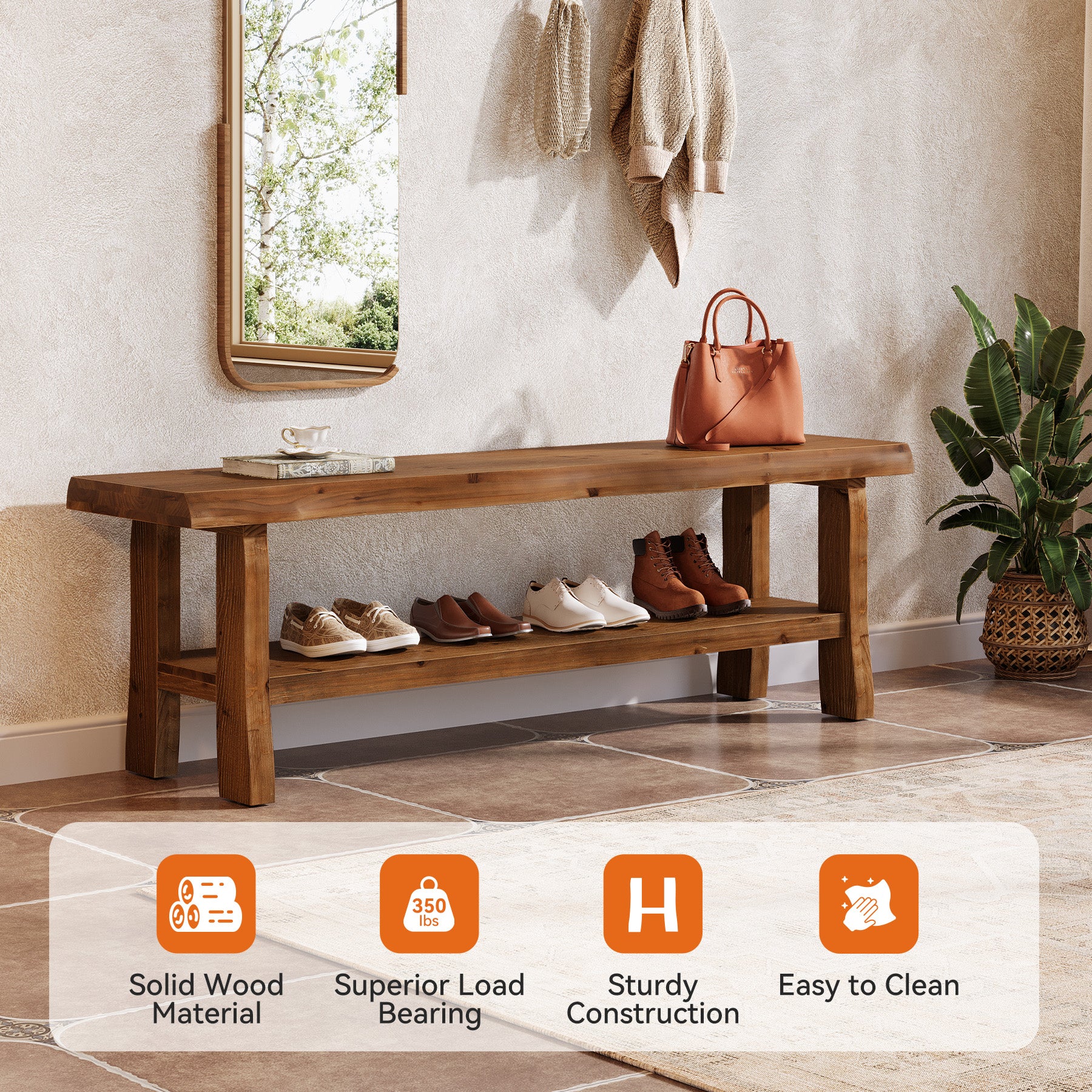 Tribesigns 55-Inch Solid Wood Shoe Storage Bench, Entryway Bench with Lower Shelf for Hallway