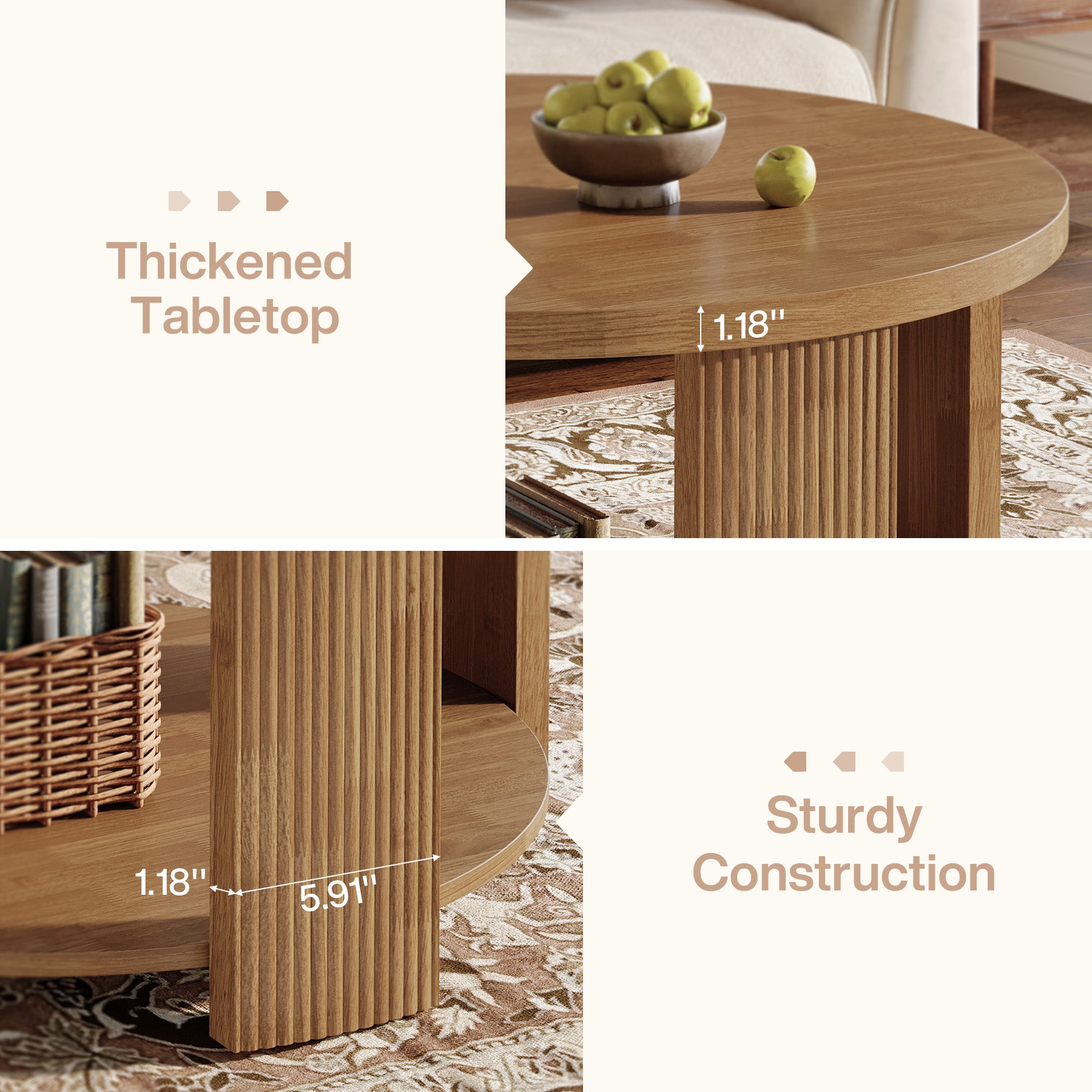 31.5 Inch Round Coffee Table with 2 Tier Storage, Mid Century Modern Farmhouse Accent Table