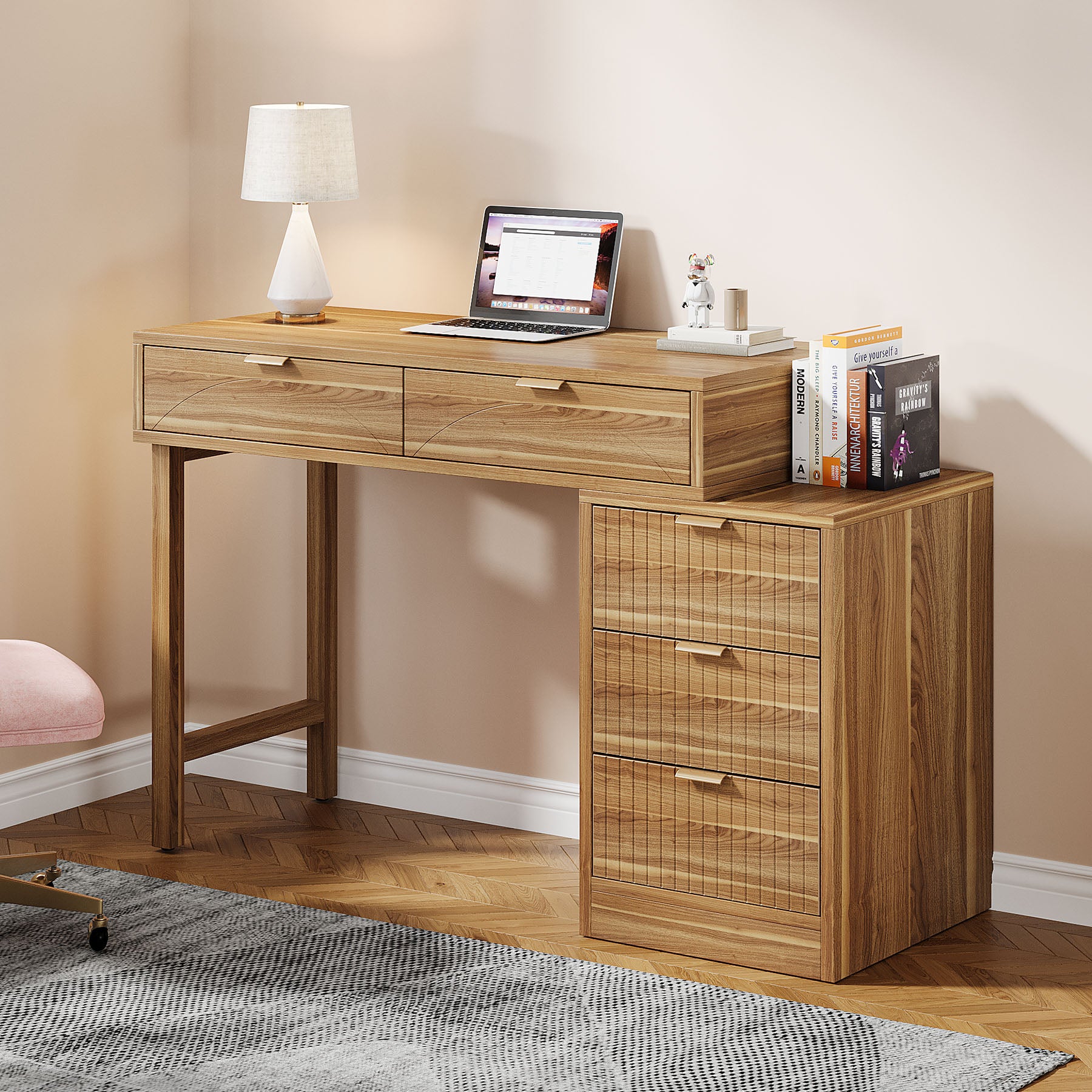 Reversible Computer Desk with 5 Drawers, Small Writing Desk for Home Office and Bedroom