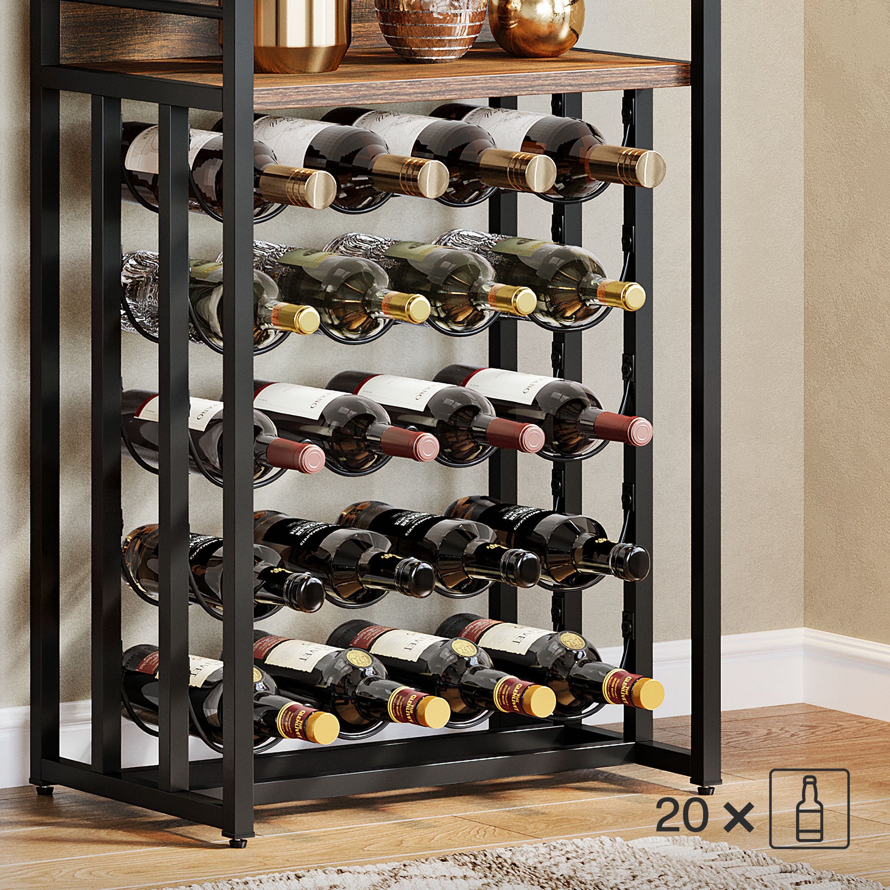 70.9" Tall Wine Rack with Glass Holder, Industrial Metal Wine Storage Stand with Tabletop