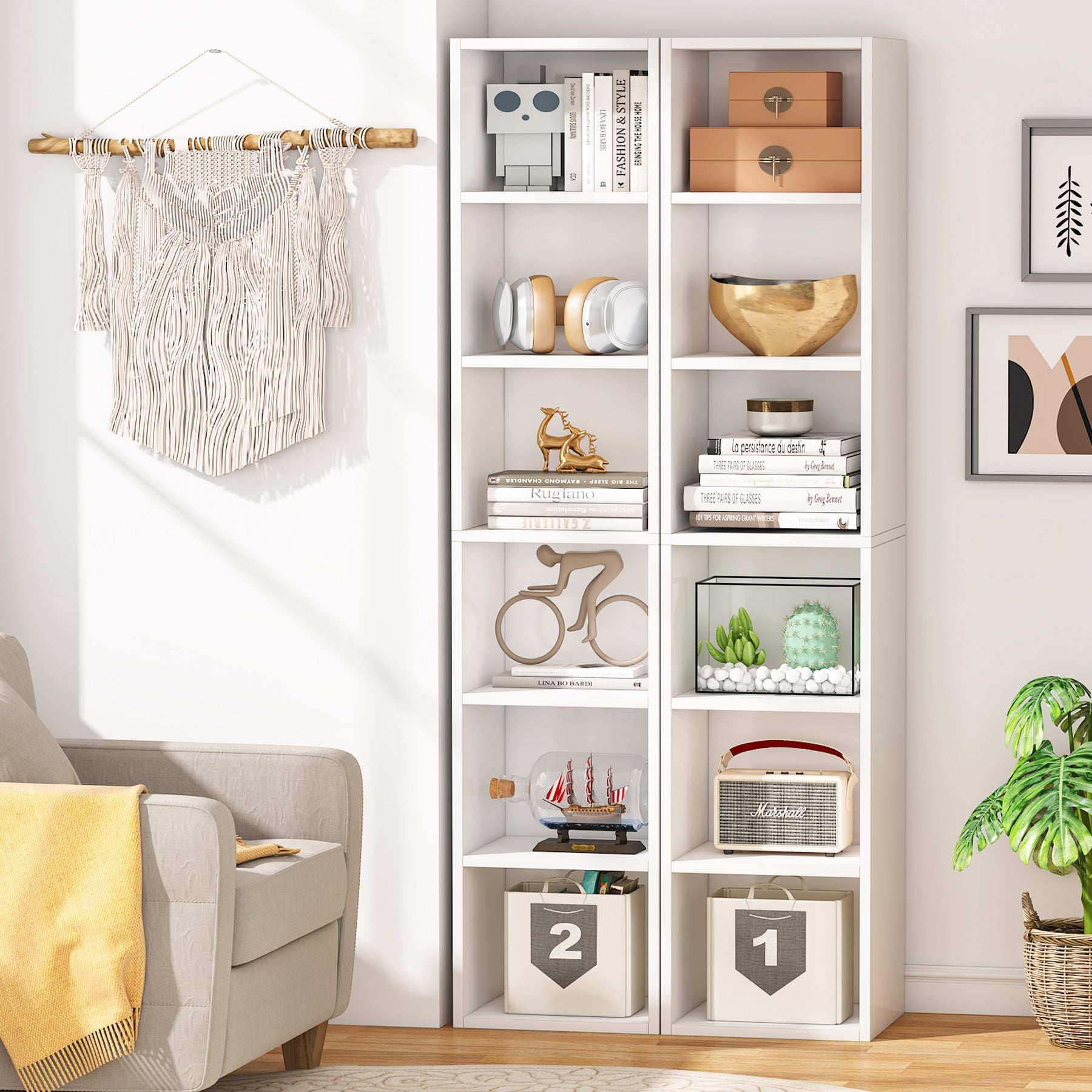 70.9" Corner Bookcase, Modern 6-Tier Narrow Cube Display Shelves