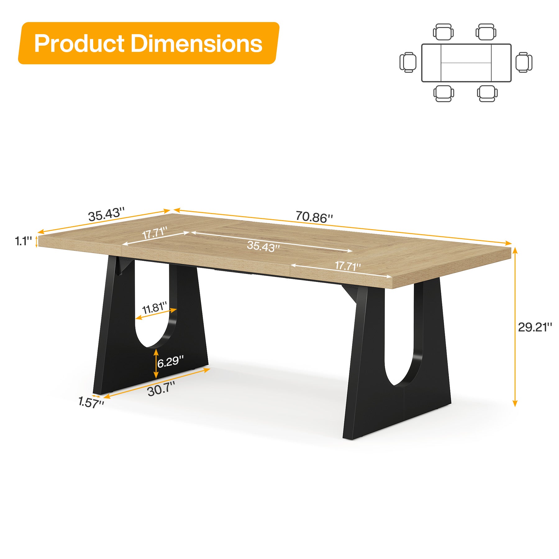 70.9-Inch Rectangular Conference Table for 6 to 8 People with Thick MDF Tabletop, Rustic Meeting Room Table for Office