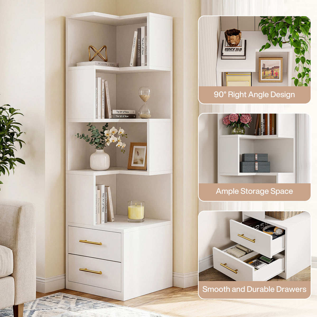 Tribesigns 66.9-Inch Corner Bookshelf with 2 Drawers, 5-Tier L-Shaped Bookcase for Home Office