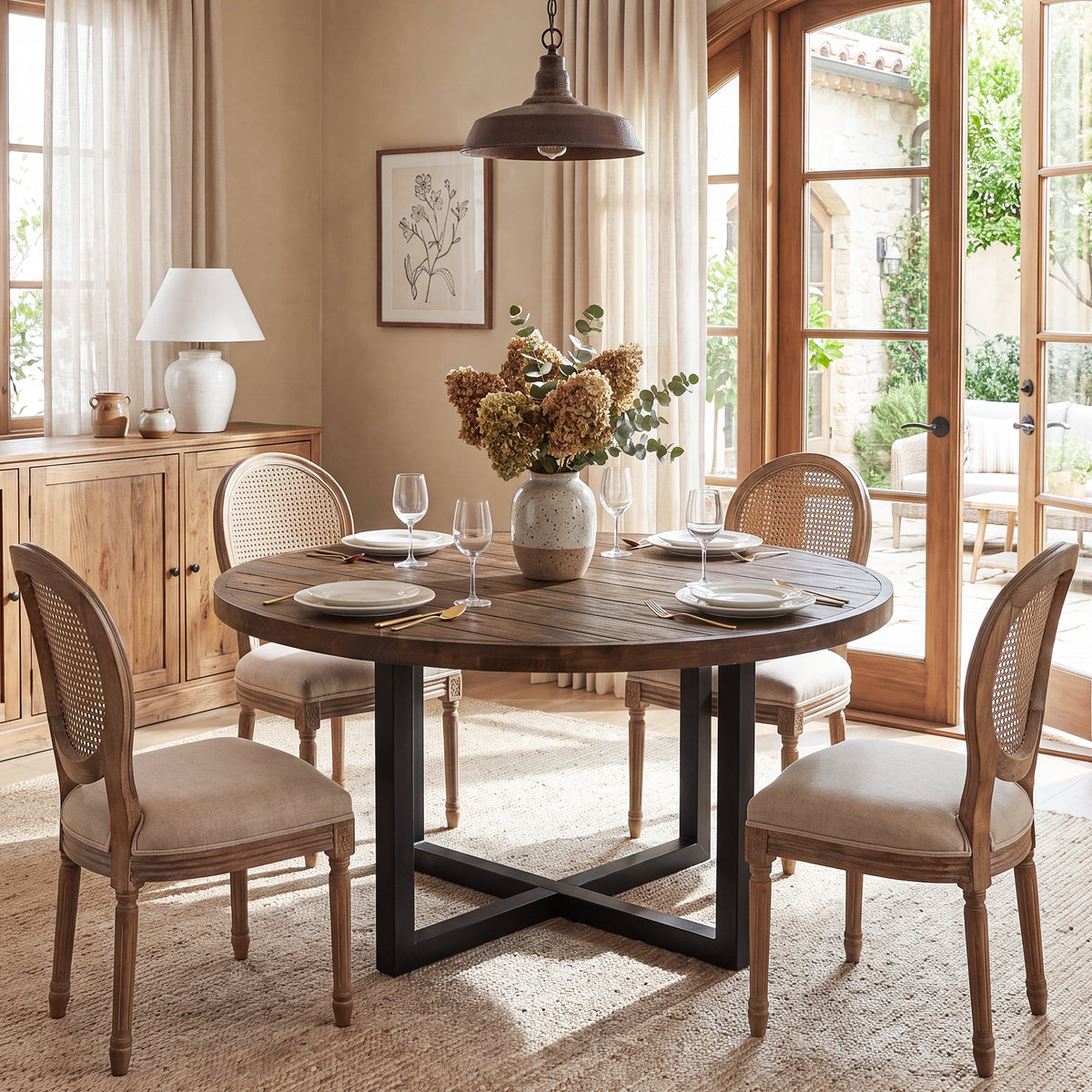 47.24 Inch Solid Wood Round Dining Table with Metal Cross Base, Farmhouse Kitchen Table for 4-6