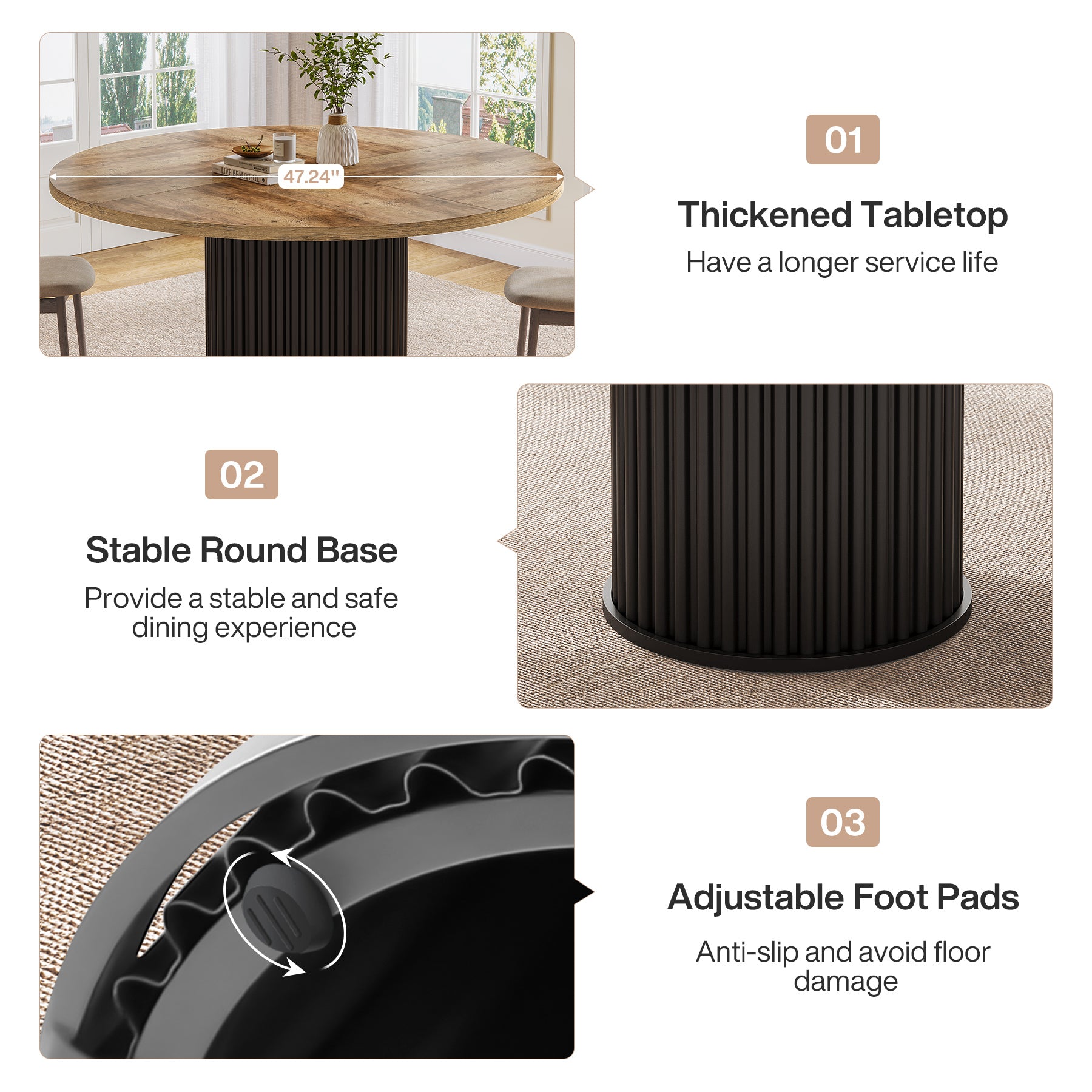 47" Round Dining Table for 4–6 People, Modern Farmhouse Kitchen Table with Fluted Pedestal Base