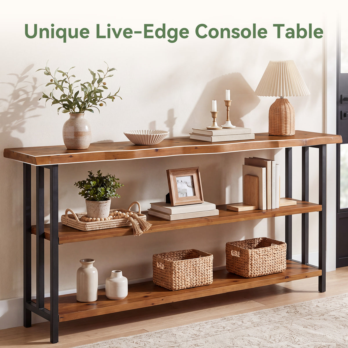 Tribesigns 63 Inch Solid Wood Live Edge Console Table with 3-Tier Shelves, Rustic Hallway Sofa Table
