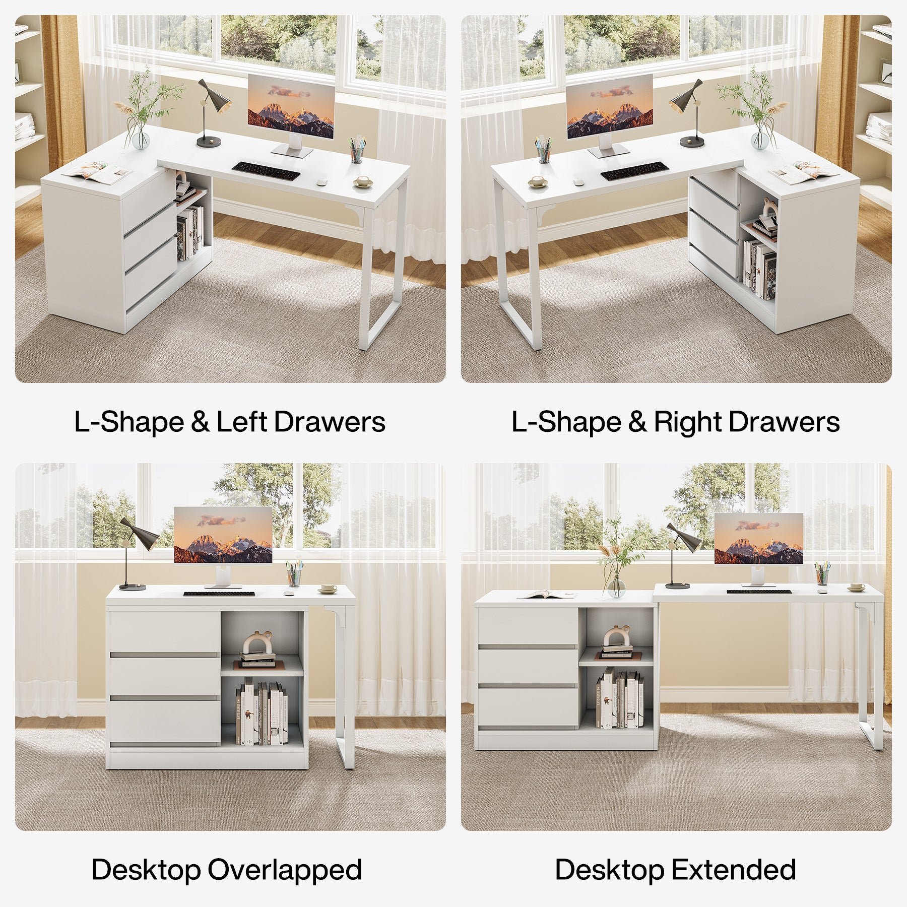 Tribesigns Reversible L-Shaped Computer Desk with Drawers and Shelves, White Corner Office Desk for Home Office and Bedroom