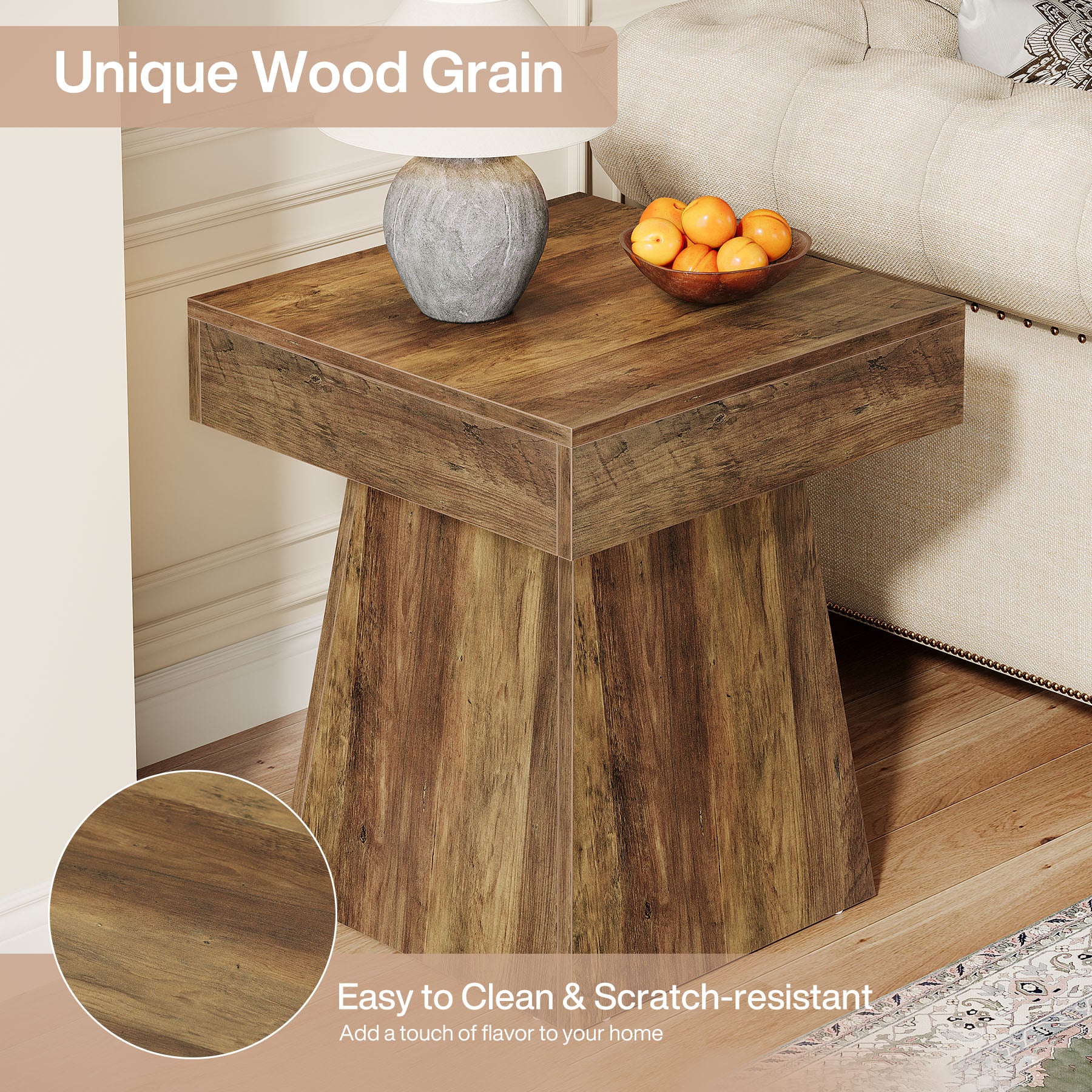 Tribesigns 15.8-Inch Square Side Table, Mushroom-Inspired Wide Stable Base with Rustic Finish