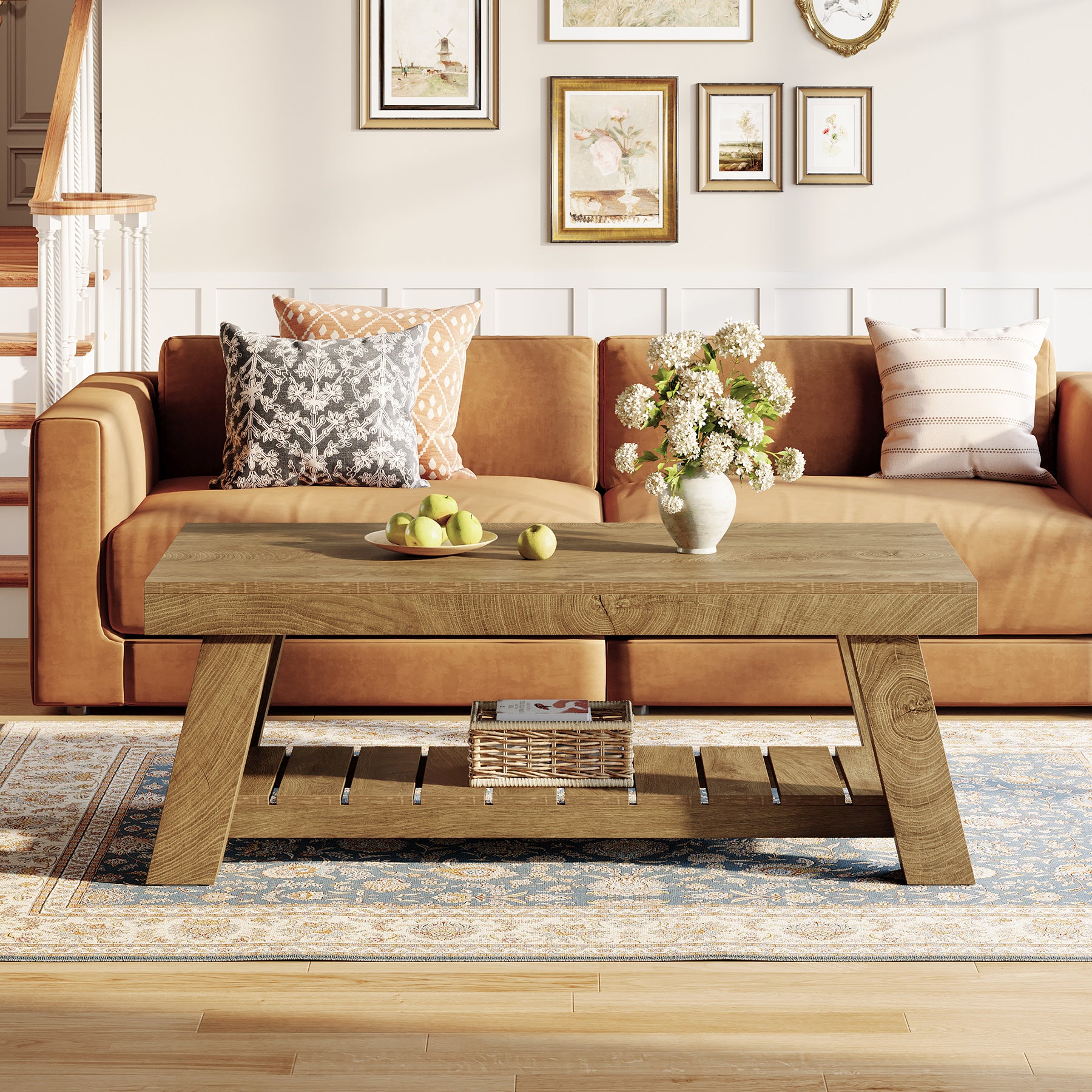 47.24-Inch Rectangular Coffee Table, Farmhouse Wood Center Table with 2-Tier Storage