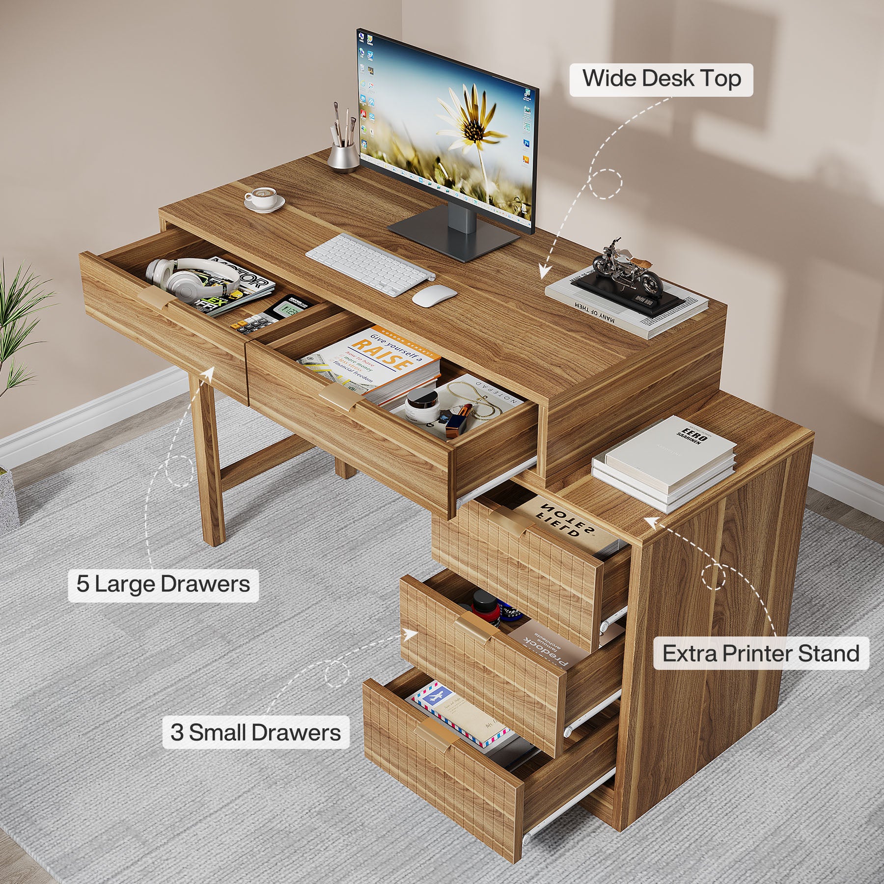 Reversible Computer Desk with 5 Drawers, Small Writing Desk for Home Office and Bedroom