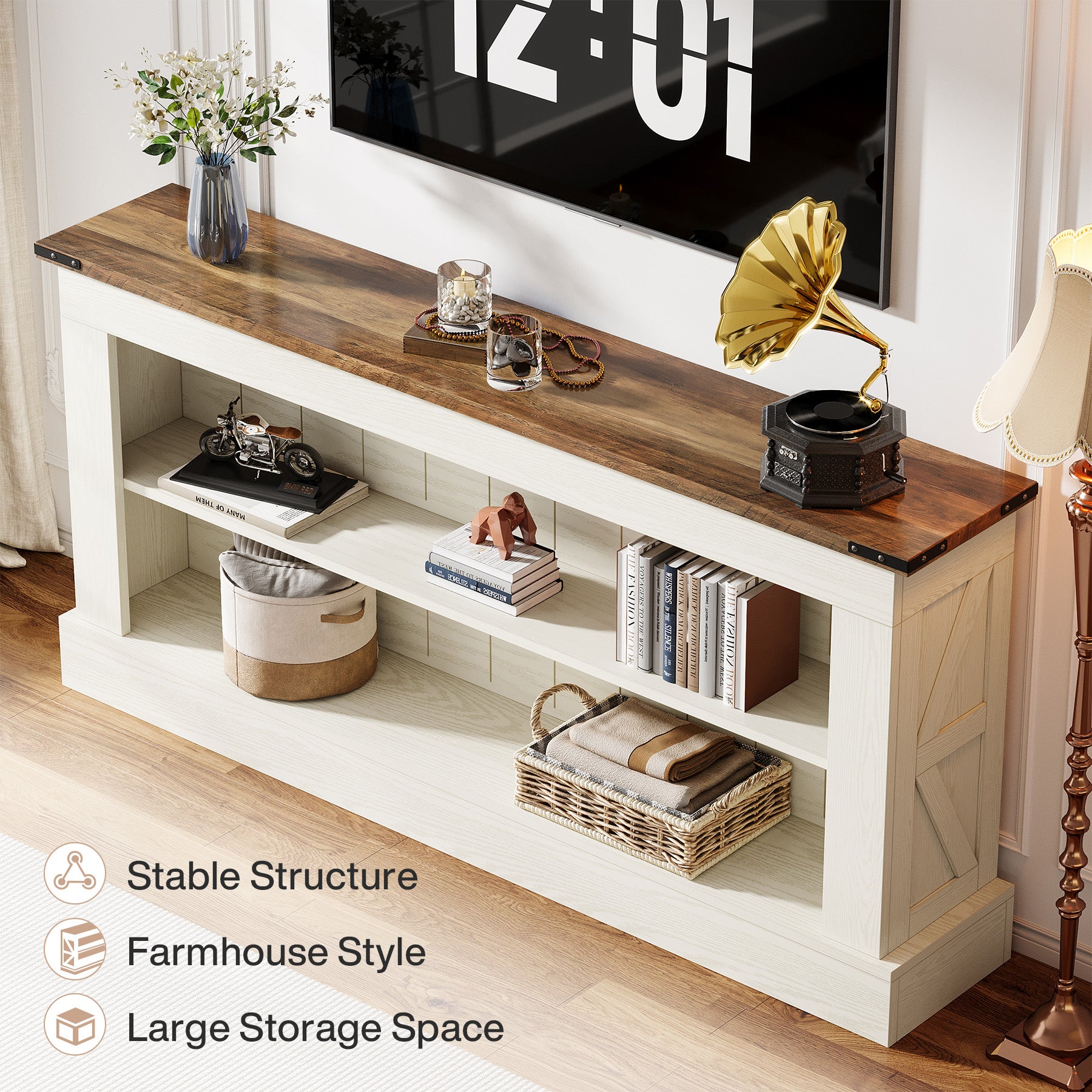 Tribesigns 63-Inch Modern Farmhouse TV Stand with Storage, White Media Console for Living Room
