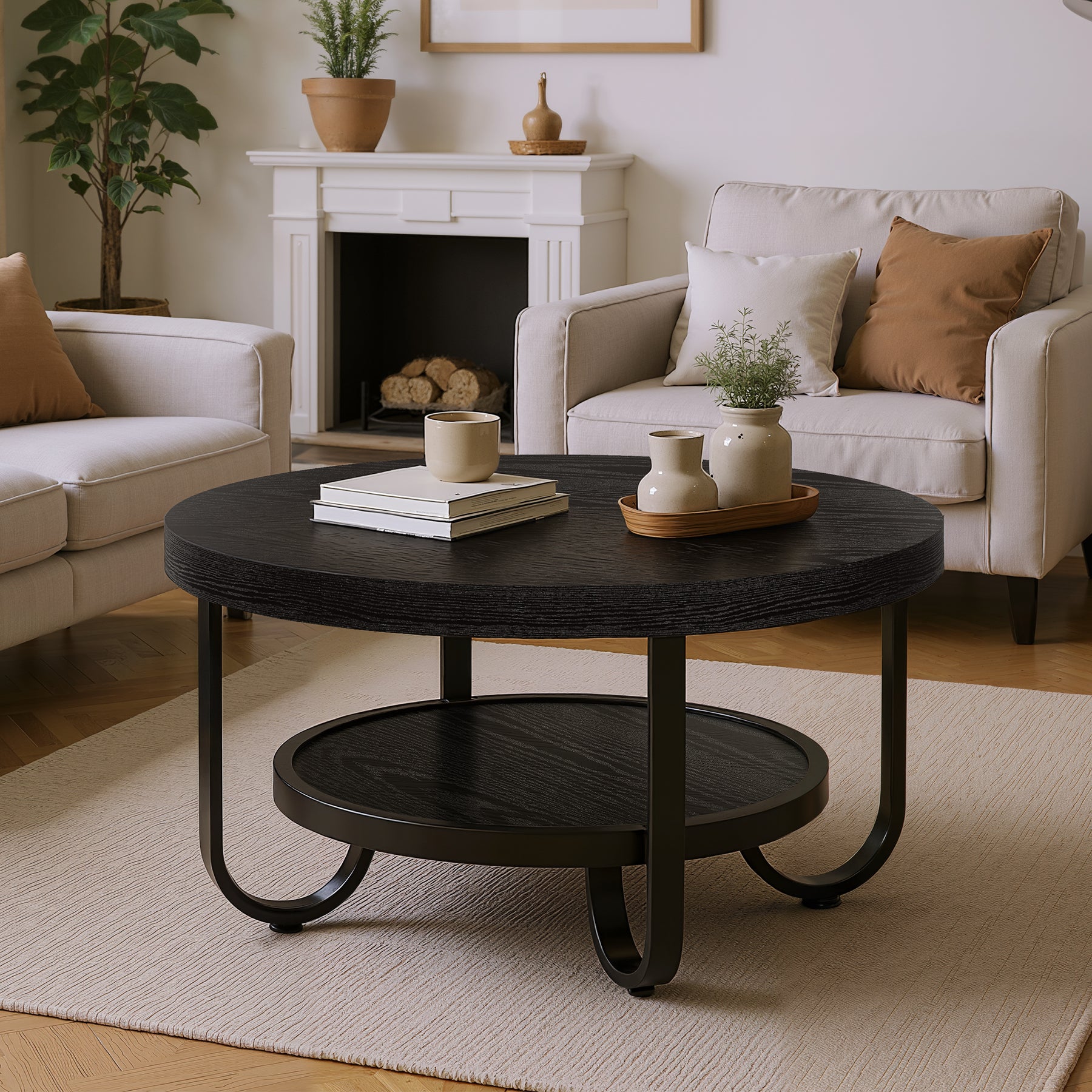 2-Tier Round Coffee Table with Storage, 31.5-Inch Center Cocktail Table