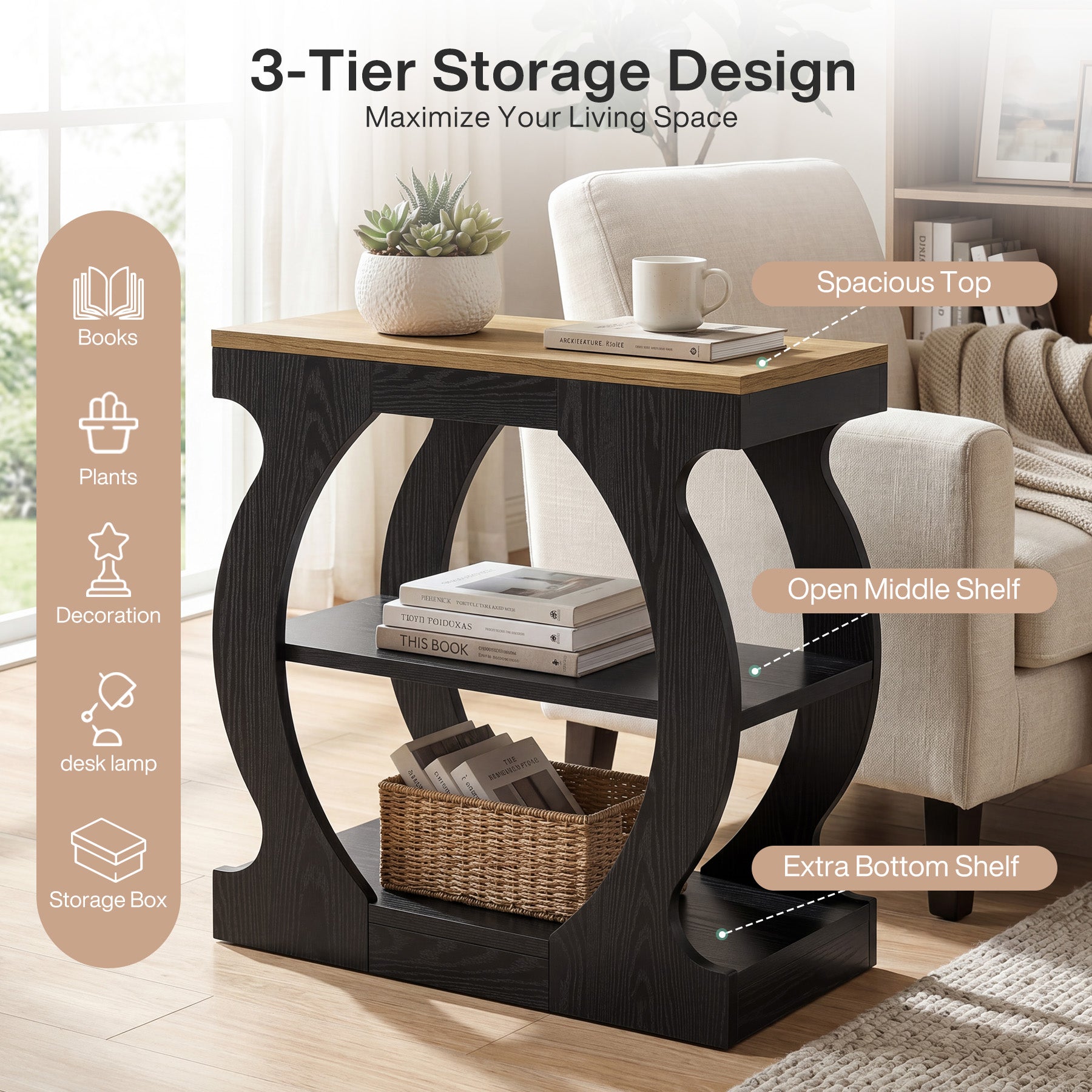 Tribesigns 23.6 Inch Narrow End Table with 3-Tier Storage, Wooden Side Table with Curved Frame