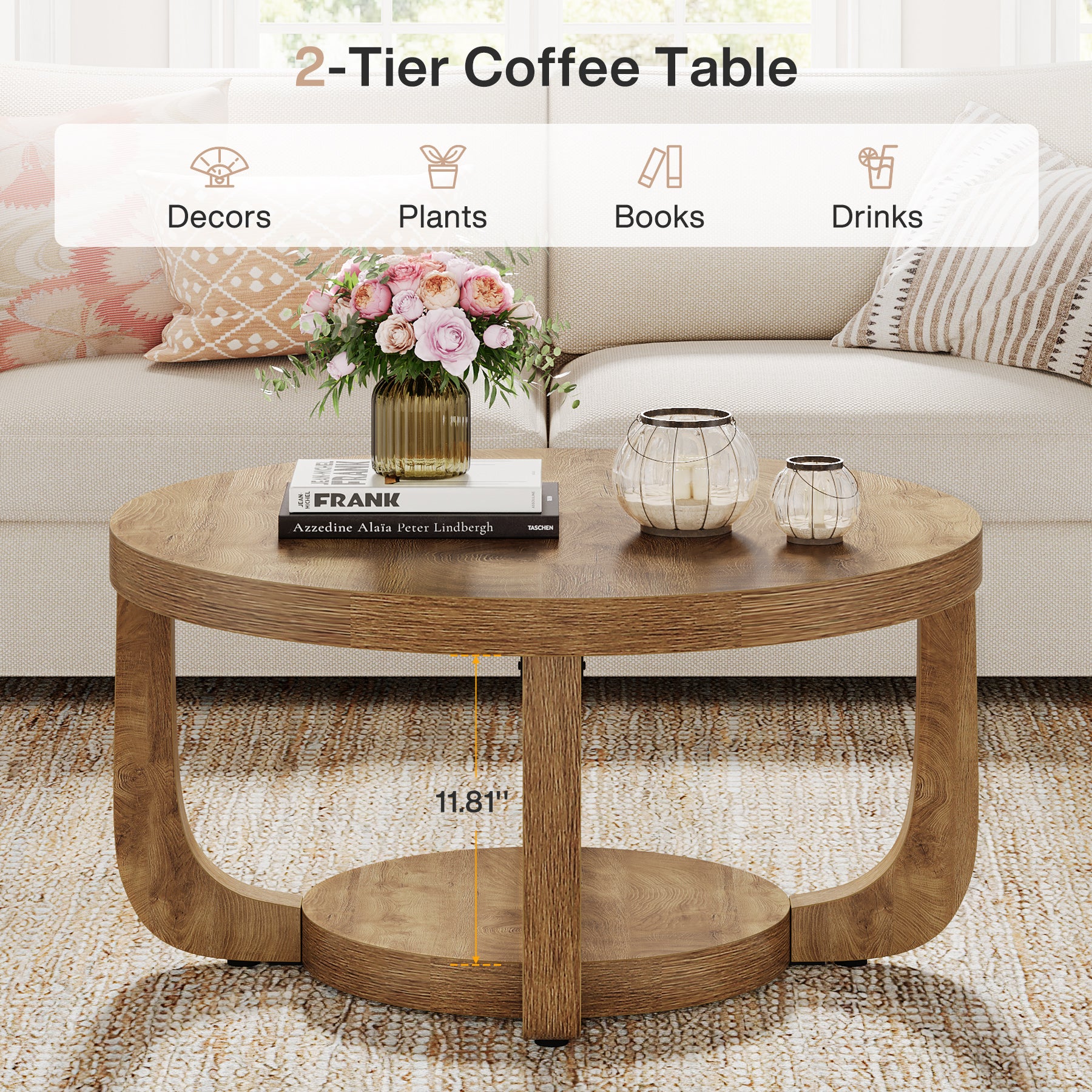 31.5" Round Coffee Table - 2-Tier Accent Center Table with Storage Shelf