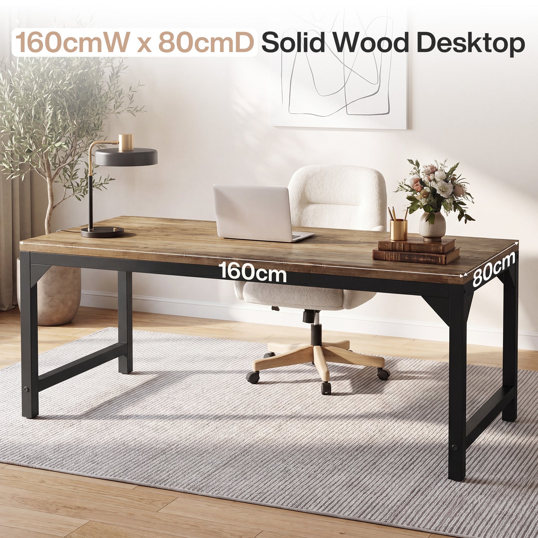 63-Inch Solid Wood Office Desk with Metal Frame and 800 lb Capacity, Heavy-Duty Computer Desk for Home Office