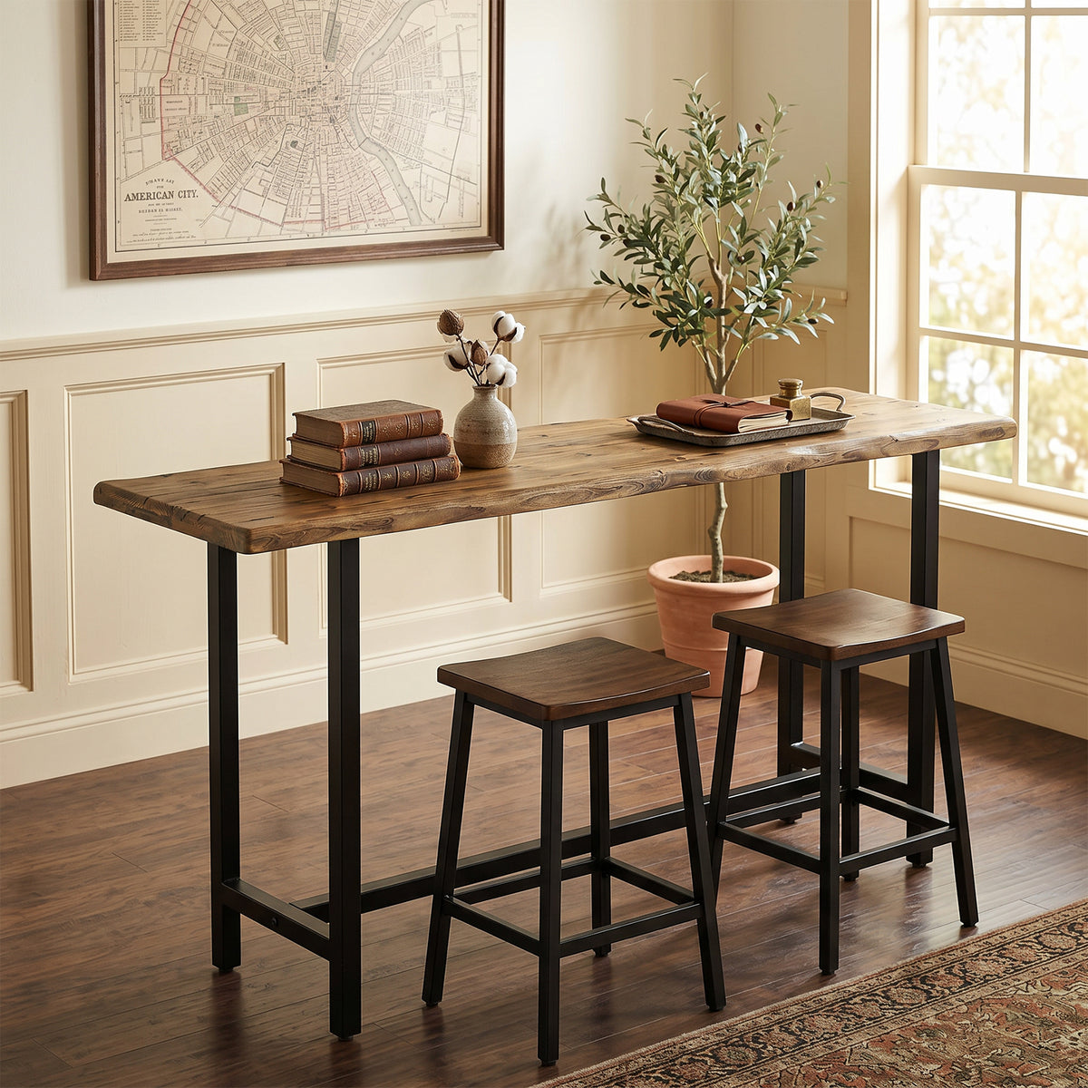 63 Inch Solid Wood Bar Table with Metal Footrest, Counter Height Dining Table for Home and Office