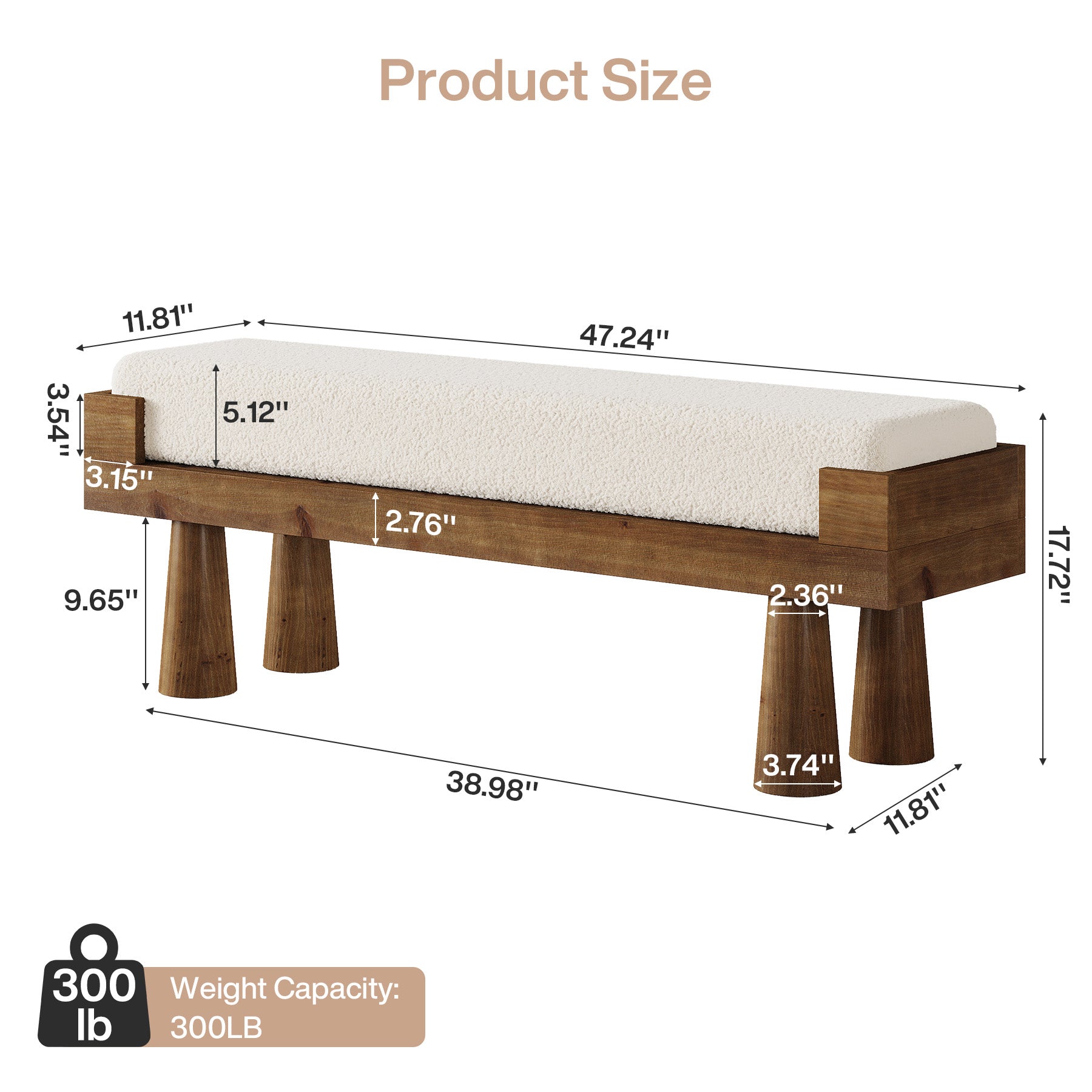 Tribesigns Upholstered Entryway Bench with Solid Wood Legs, Mid-Century Shoe Bench for Bedroom and Living Room