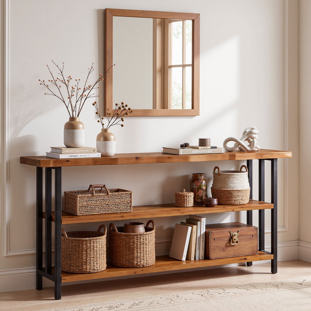 Tribesigns 63 Inch Solid Wood Live Edge Console Table with 3-Tier Shelves, Rustic Hallway Sofa Table