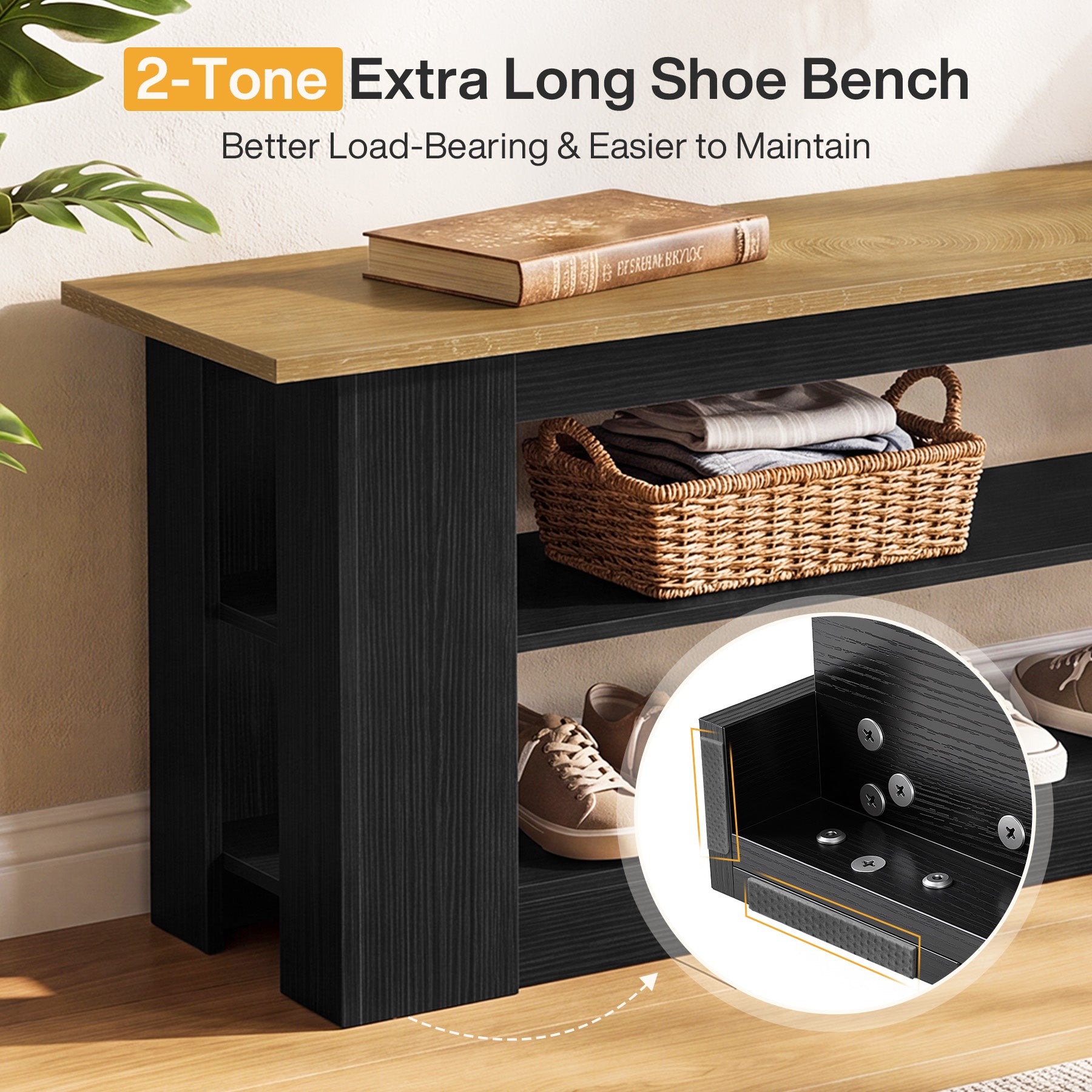 71-Inch Extra Long Shoe Storage Bench with 3-Tier Shelving, Farmhouse Entryway Seating