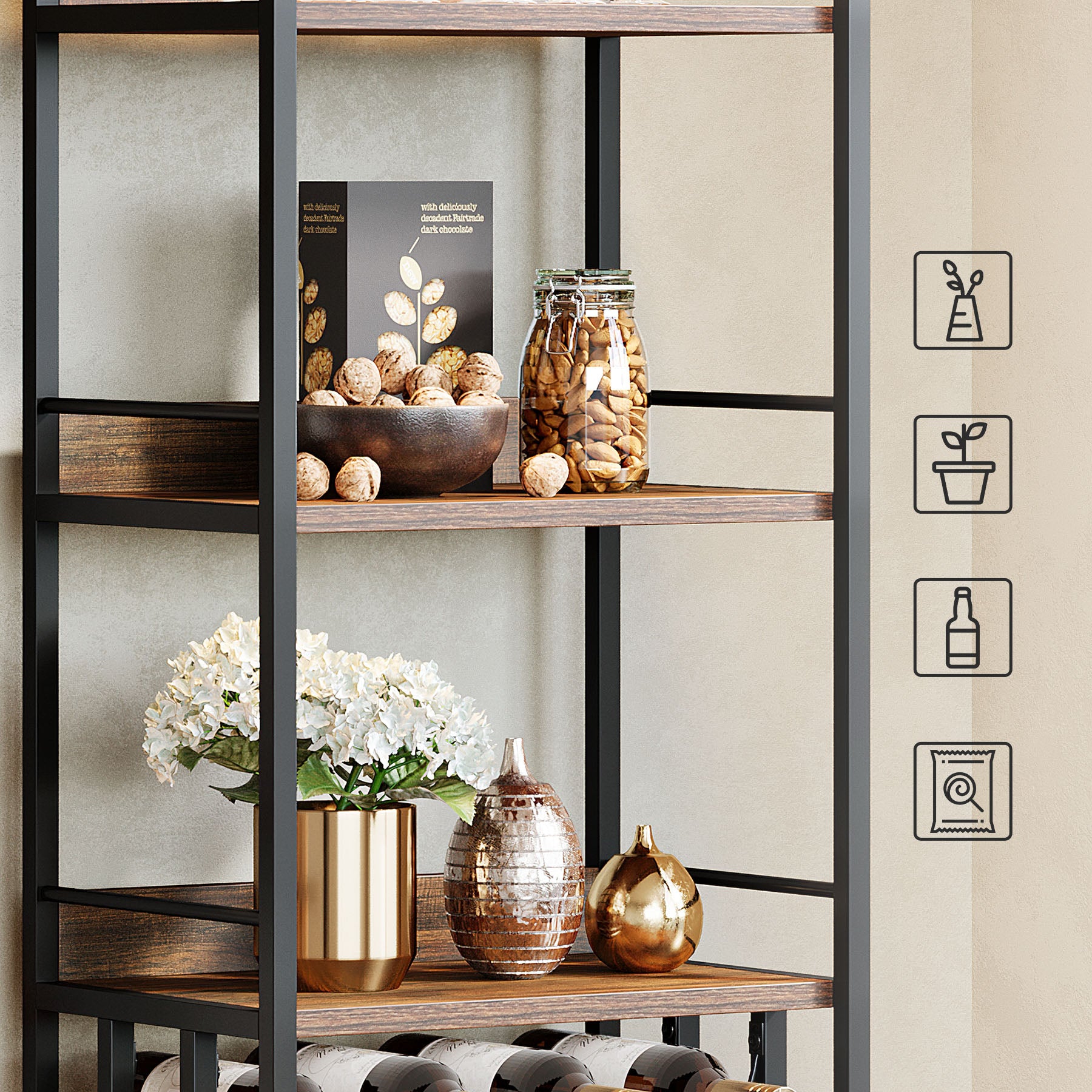 70.9" Tall Wine Rack with Glass Holder, Industrial Metal Wine Storage Stand with Tabletop