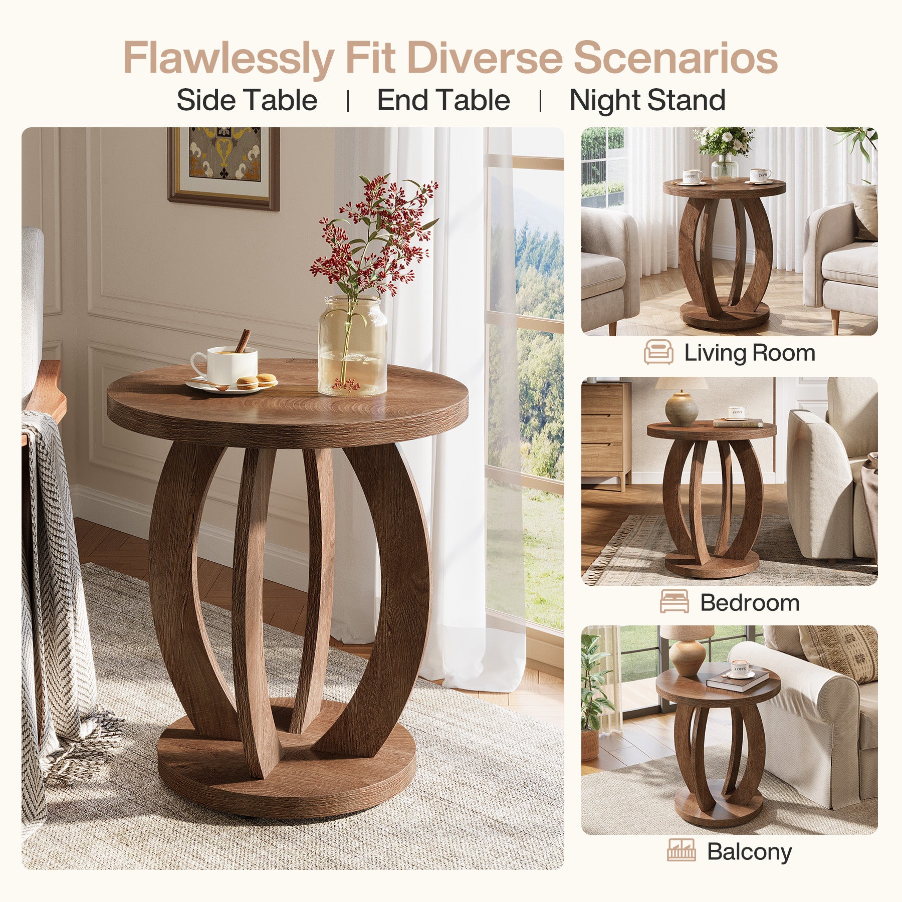 24" Round Farmhouse Nightstand - Bedside Table with Storage, Wood Base, Brown