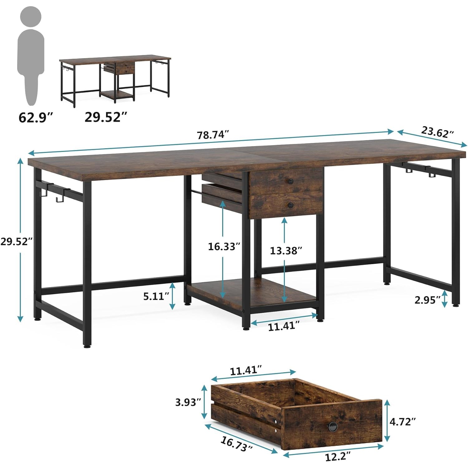 Industrial Two Person Desk, 78’’ Double Computer Desk with Drawers