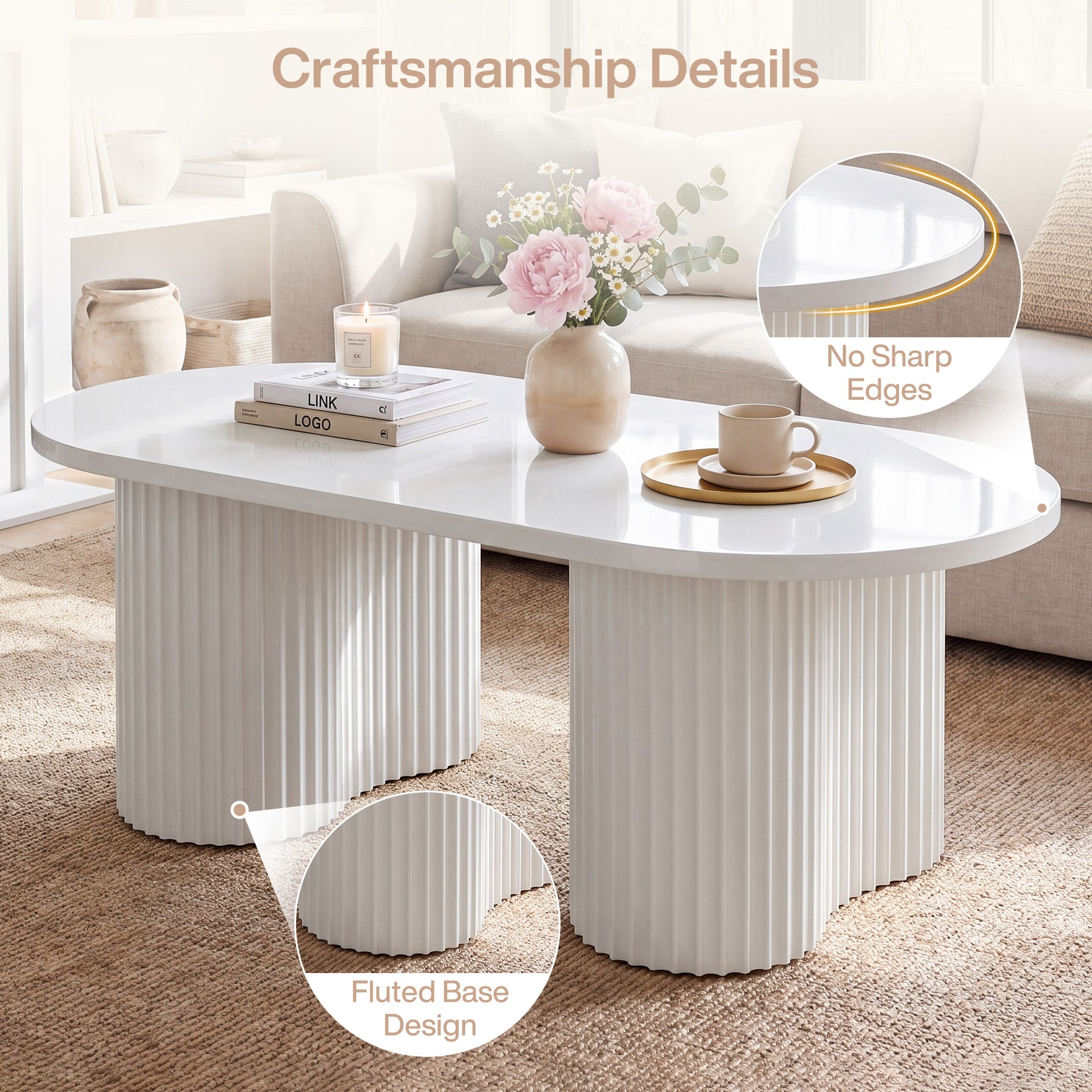 Tribesigns 47-Inch Oval Coffee Table with Fluted Design, Modern White Center Table for Living Room and Office