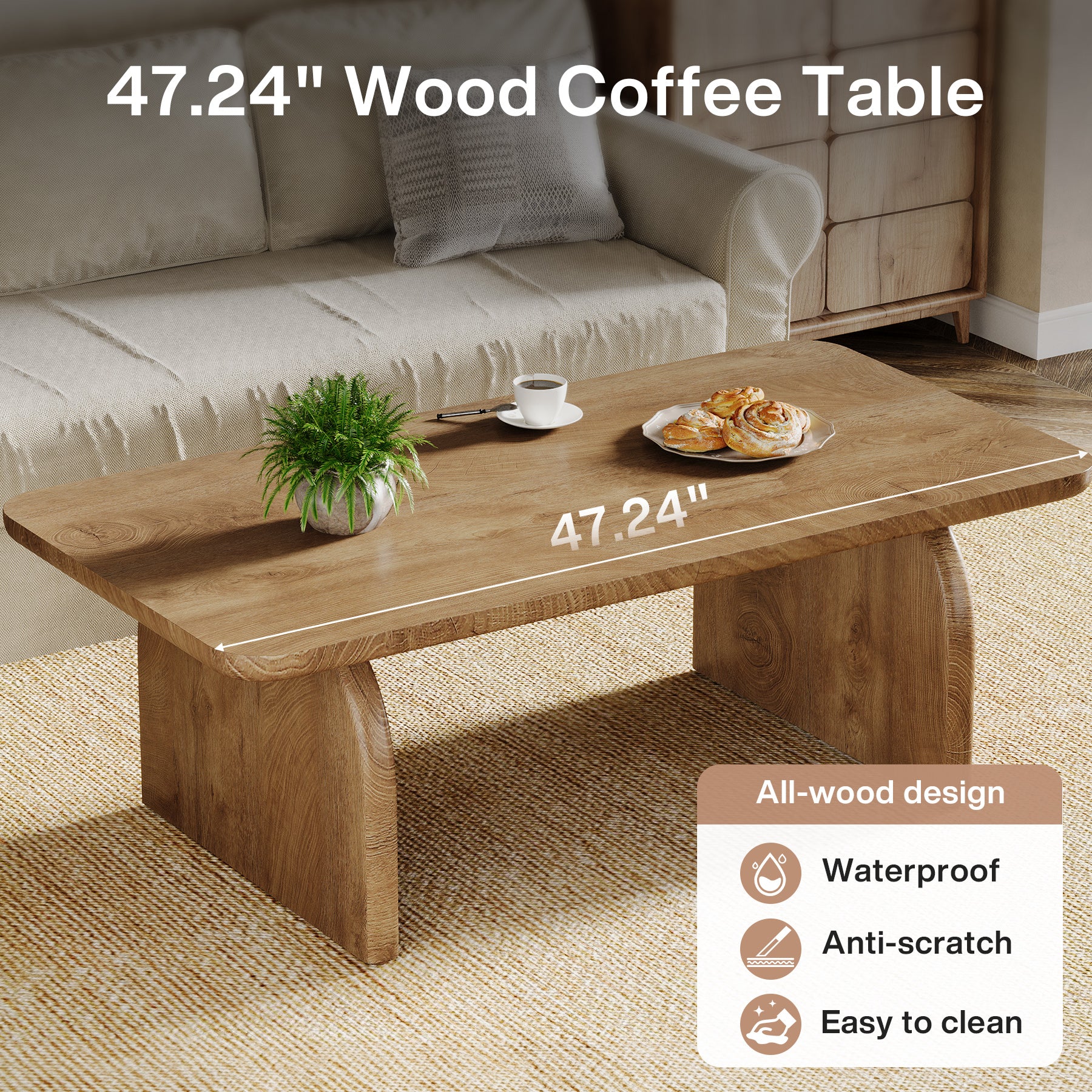 47 Inch Wood Rectangular Coffee Table, Living Room Table