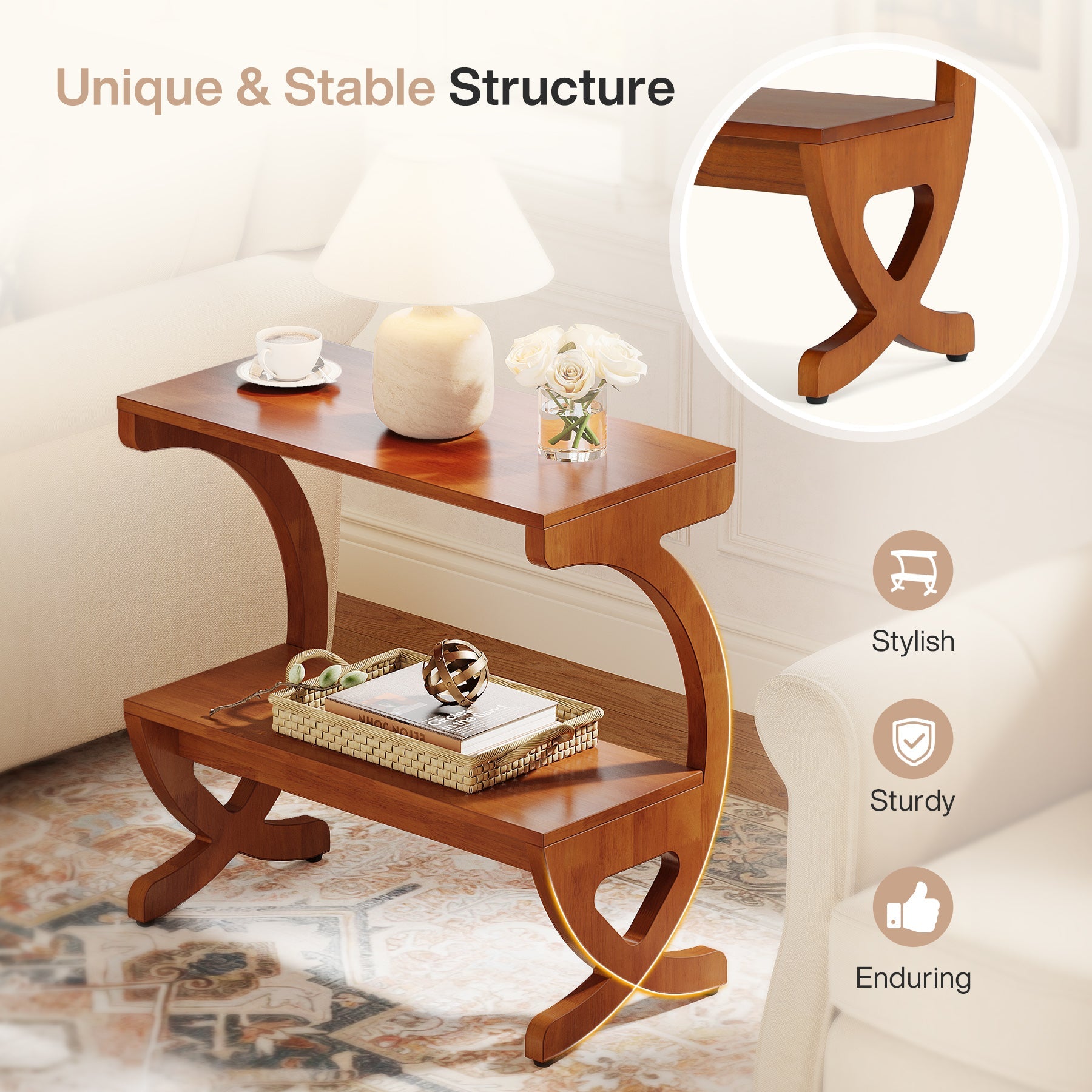 23.6-Inch Mid-Century Modern Nightstand with 2-Tier Storage and Curved Crossed Legs
