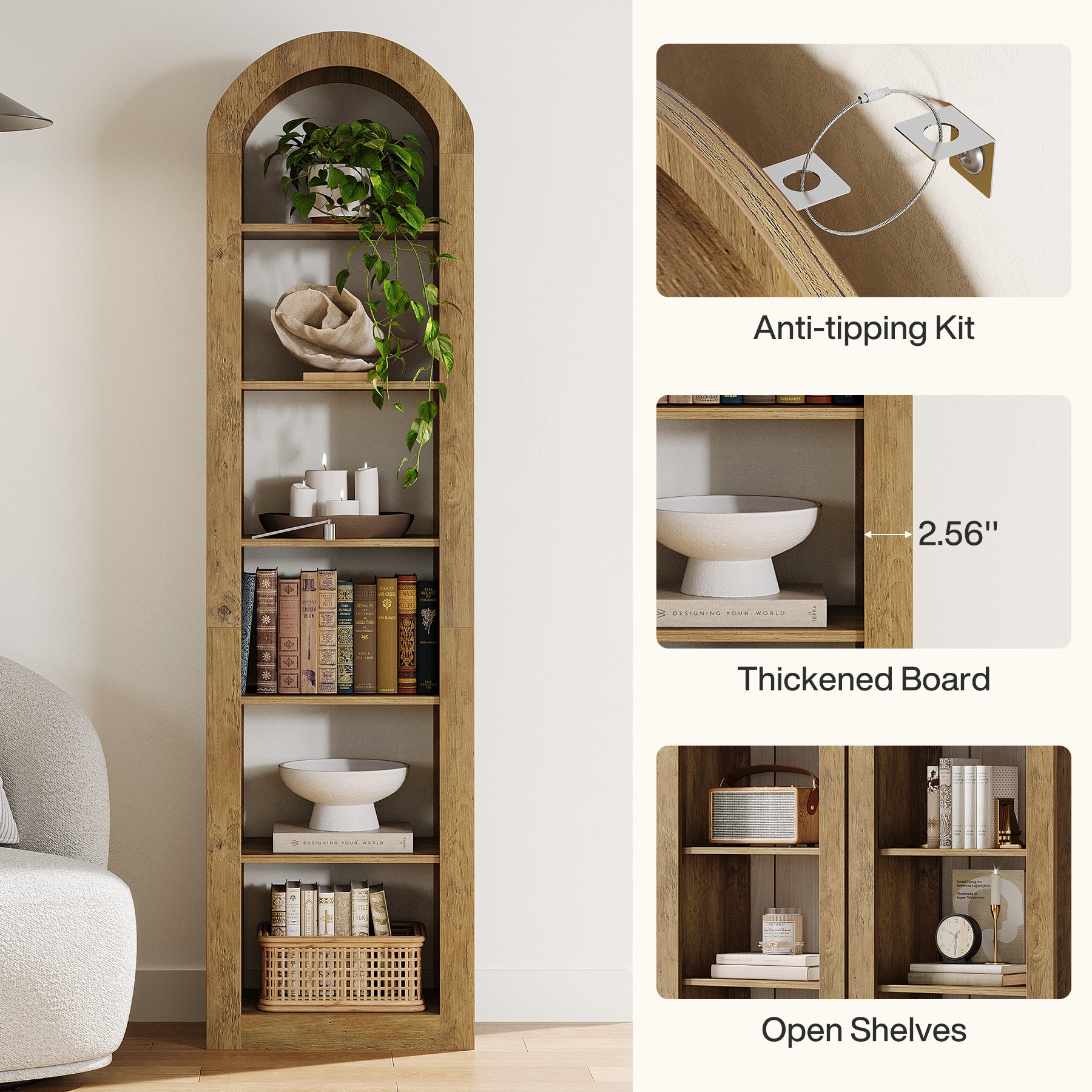 74.8-Inch Tall Arched Bookshelf, 6-Tier Narrow Open Bookcase for Small Spaces