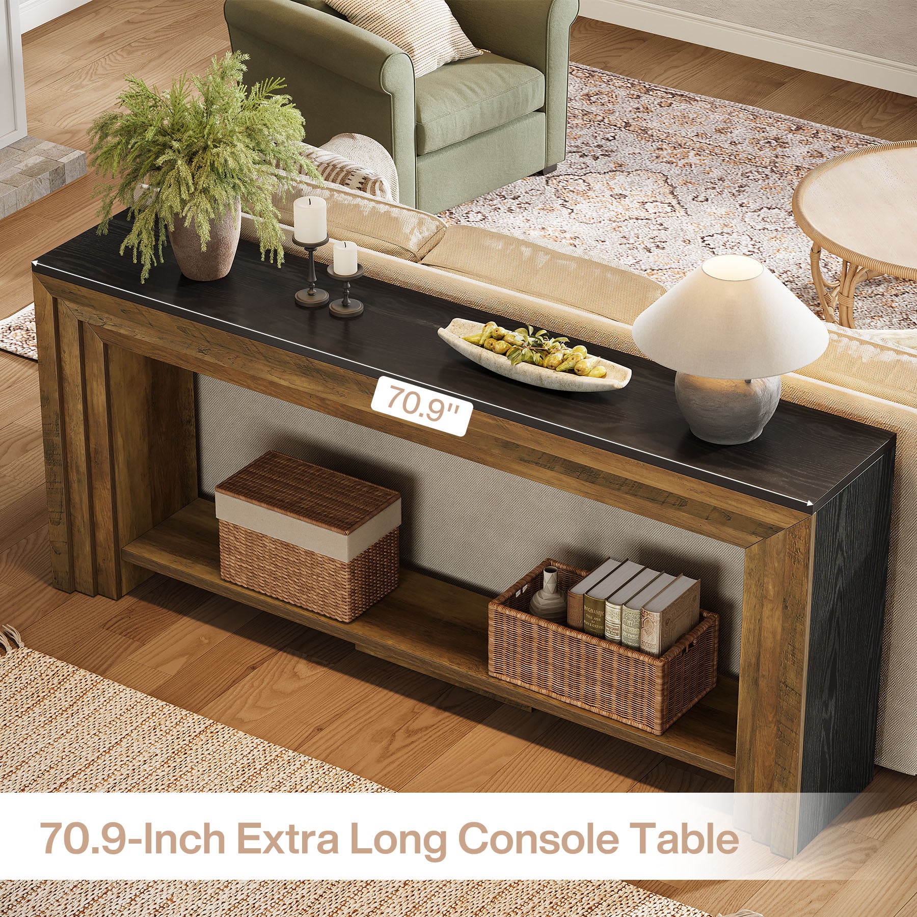 70.9-Inch Farmhouse Narrow Console Table with Storage, Wooden Sofa Table for Entryway